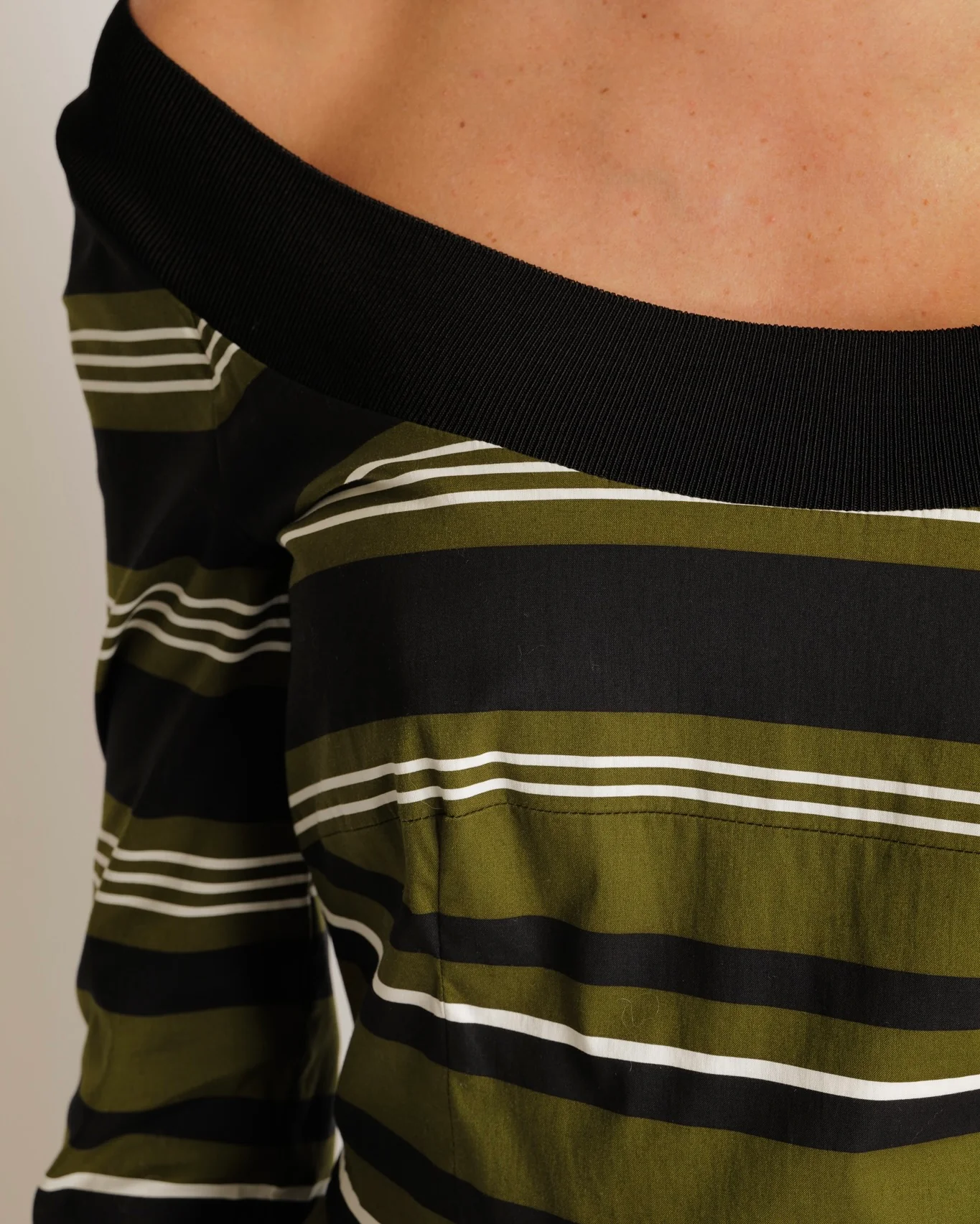 Prada Khaki, Navy & White Striped Mid-Sleeve Off-Shoulder Dress Size IT 40 (UK 8) - Image 3