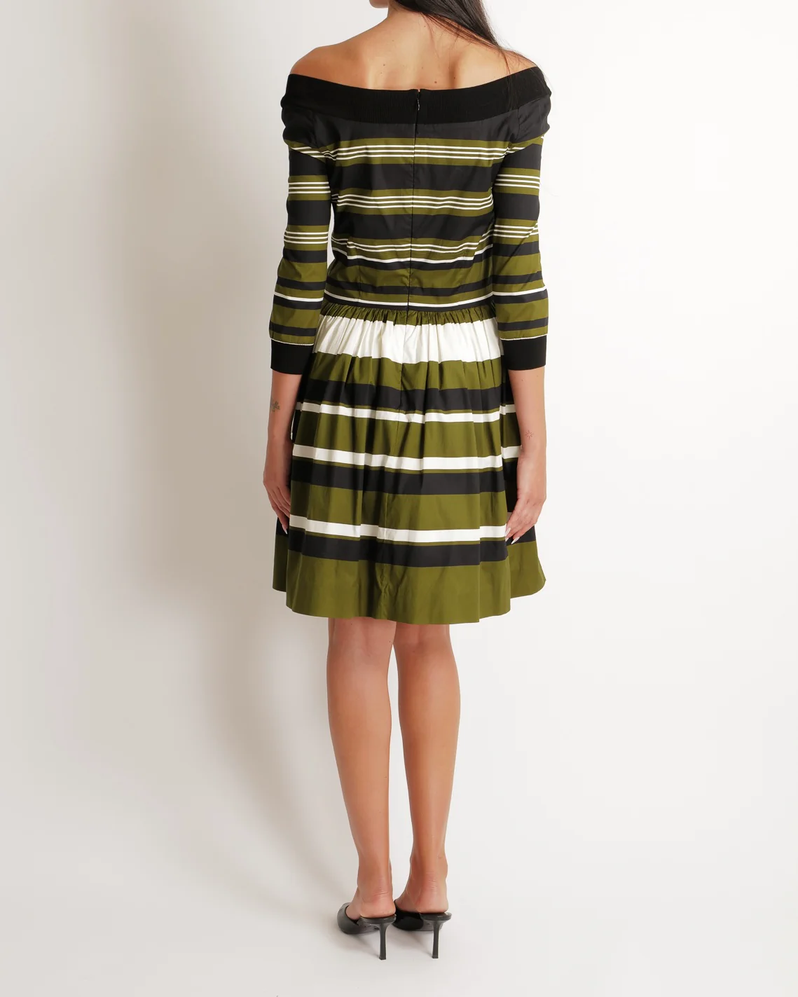 Prada Khaki, Navy & White Striped Mid-Sleeve Off-Shoulder Dress Size IT 40 (UK 8) - Image 4