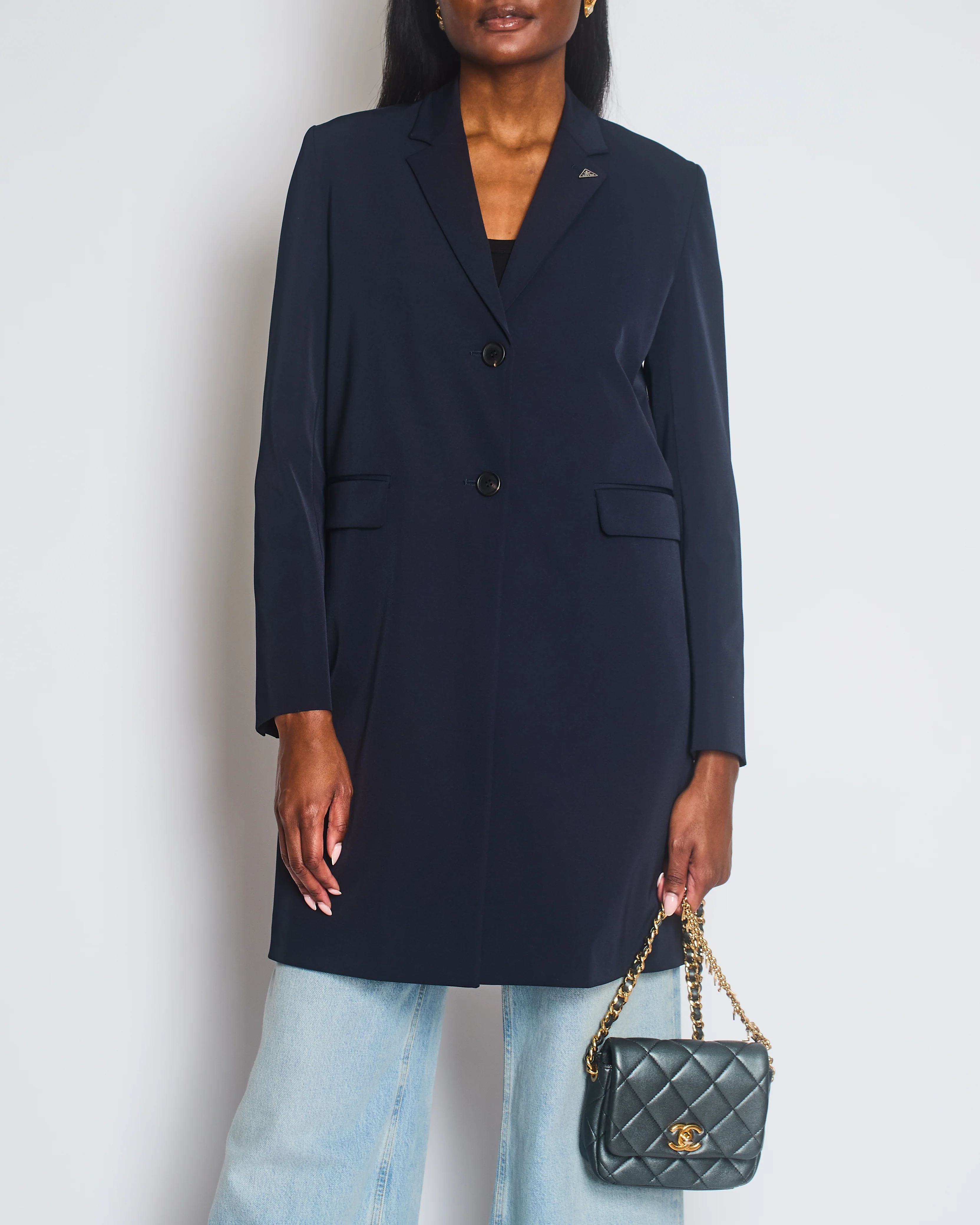 Prada Navy Techno Stretch Single Breasted Overcoat with Triangle Logo at Collar Size IT 40 (UK 8)