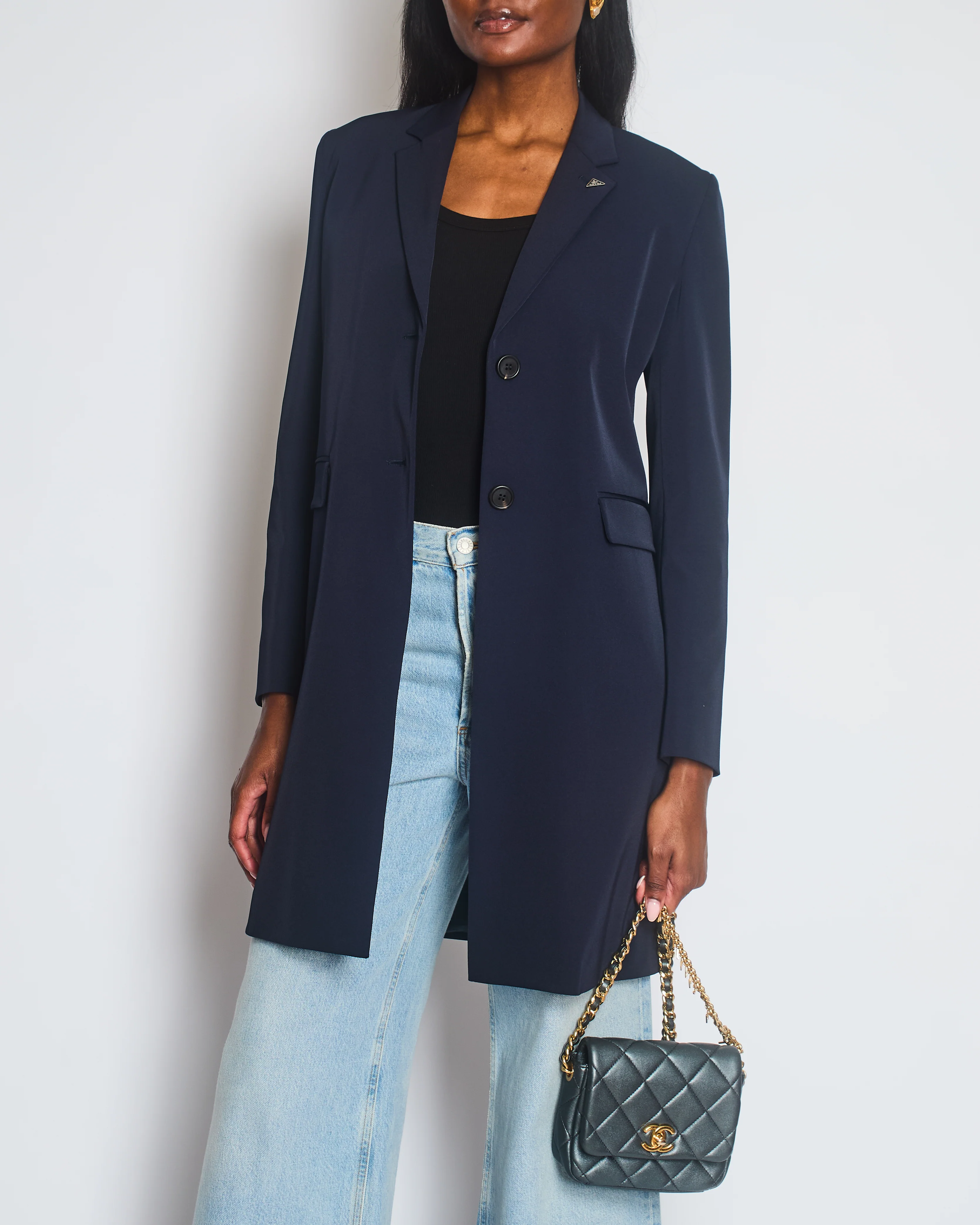 Prada Navy Techno Stretch Single Breasted Overcoat with Triangle Logo at Collar Size IT 40 (UK 8) - Image 4