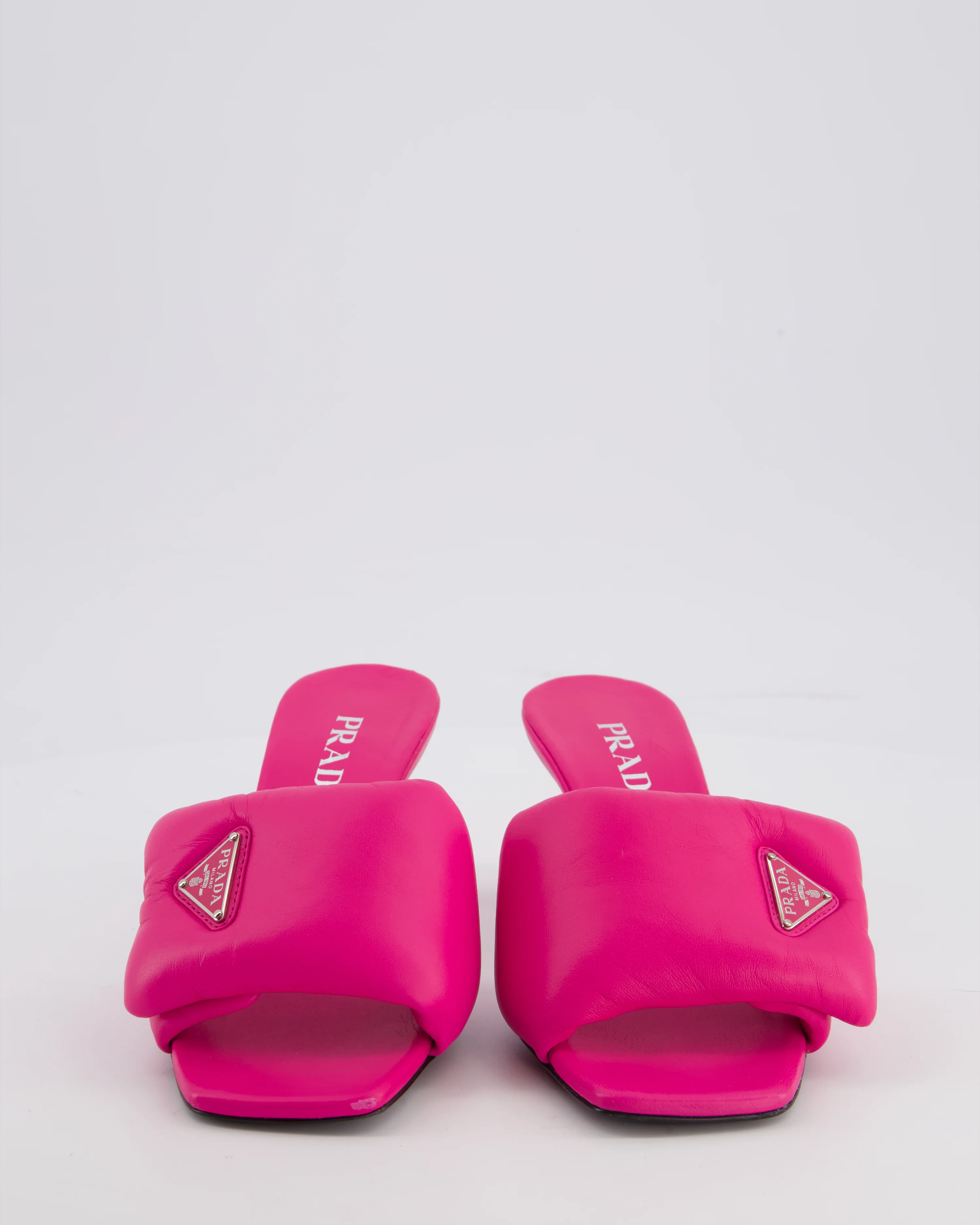Prada Pink Soft Padded Nappa Leather Mules with Silver Logo Detail Size EU 37 - Image 4