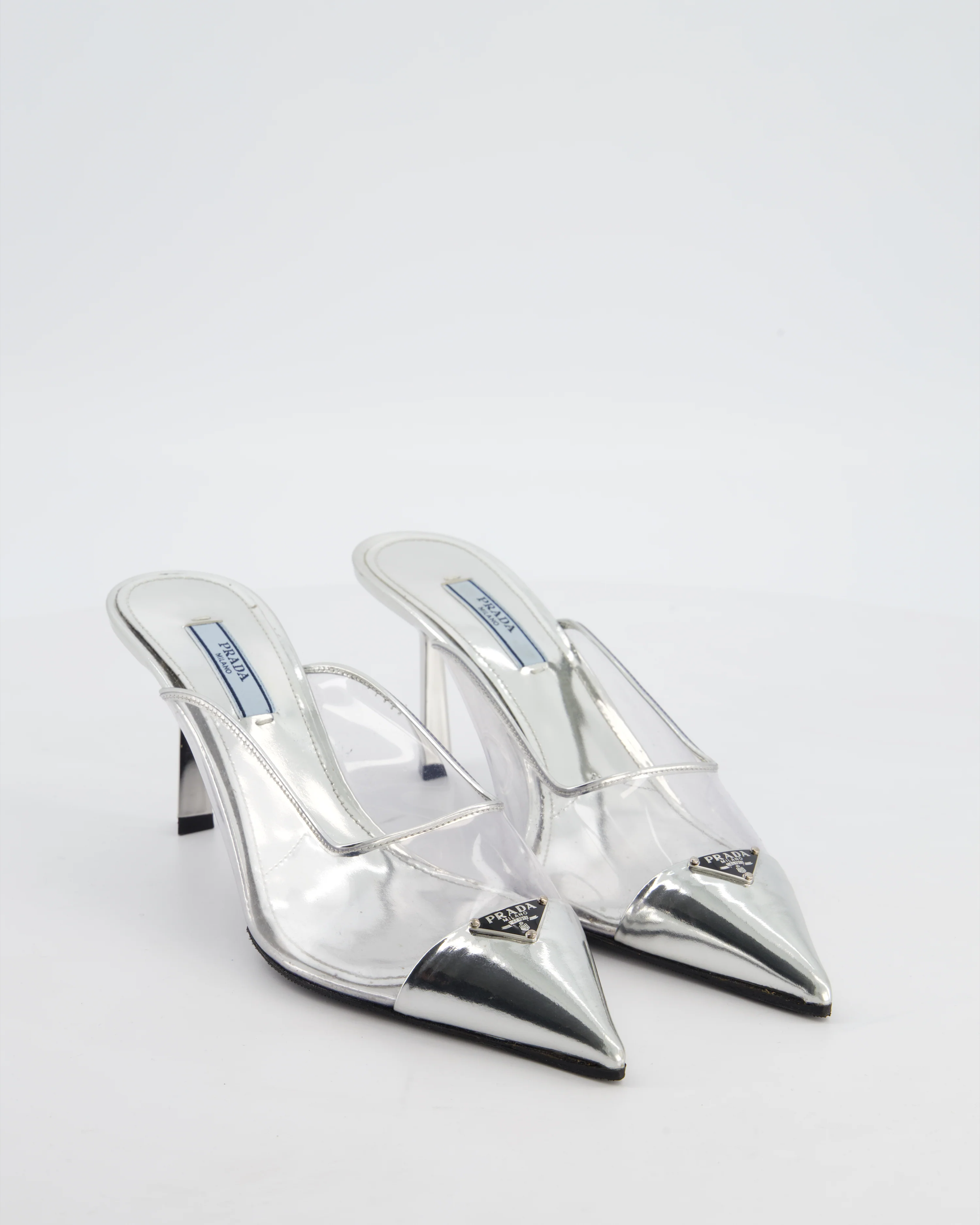 Prada Silver Modellerie Clear PVC Pointed Toe Heeled Mules with Logo Detail Size EU 36 RRP £910 - Image 2