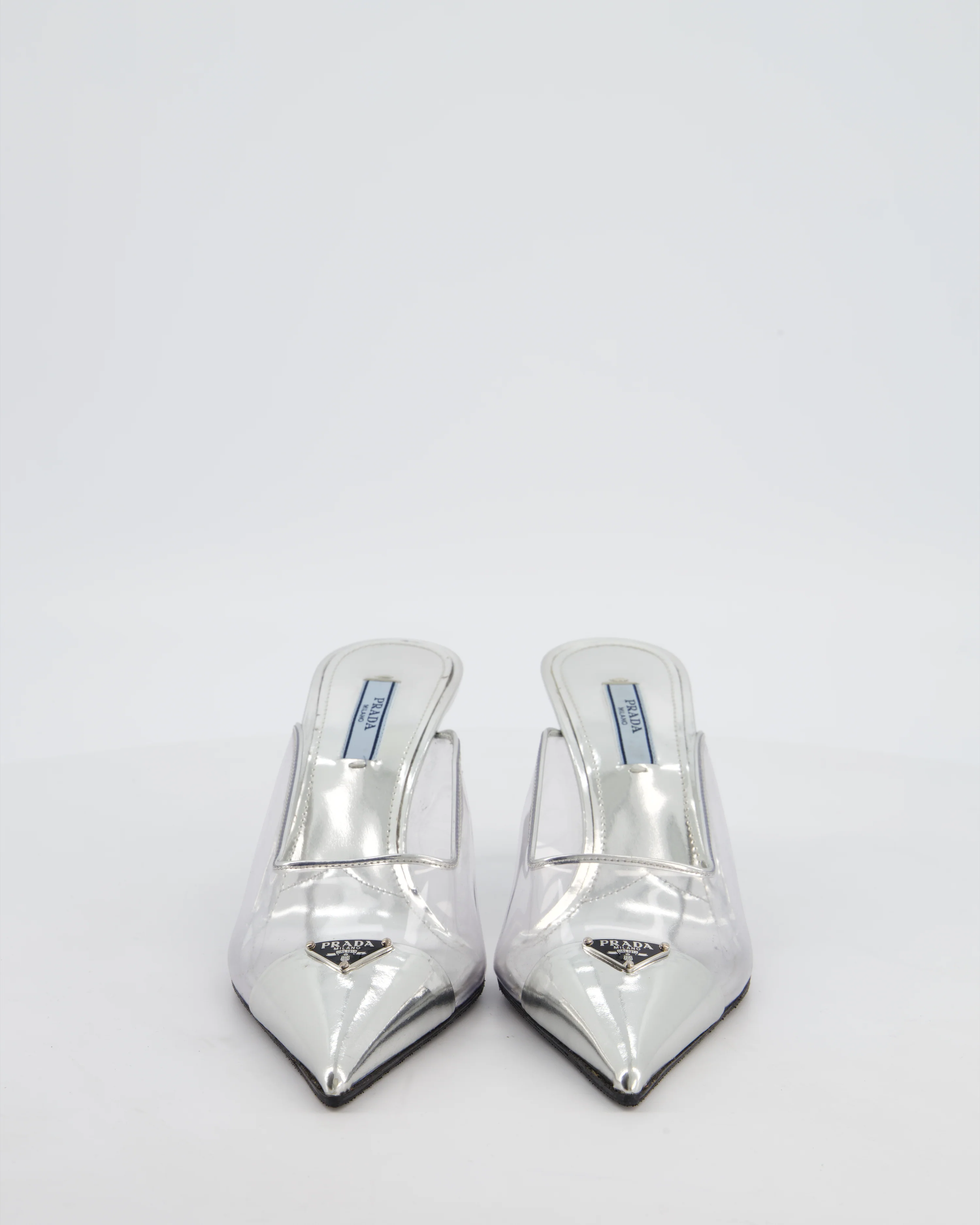 Prada Silver Modellerie Clear PVC Pointed Toe Heeled Mules with Logo Detail Size EU 36 RRP £910 - Image 3
