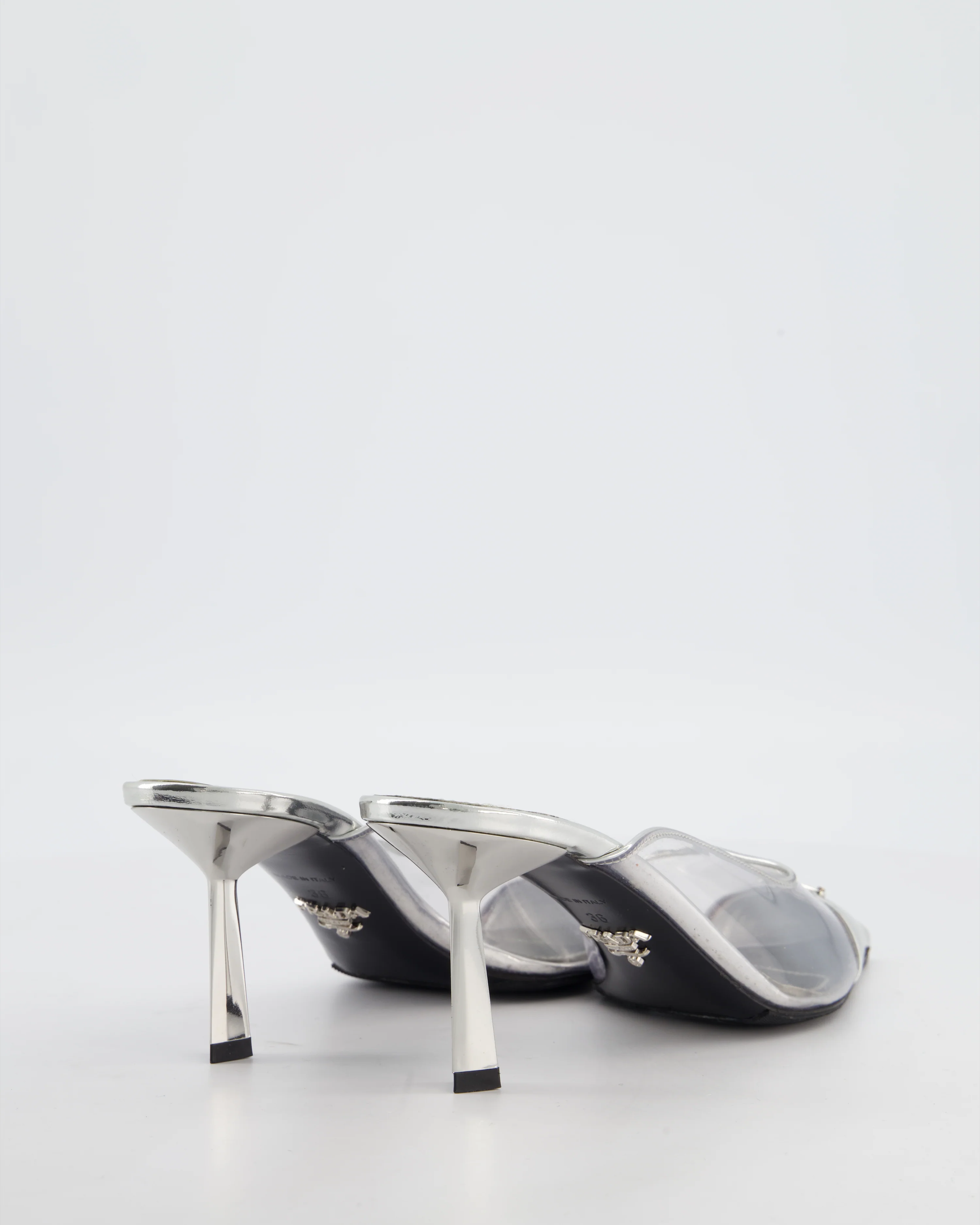 Prada Silver Modellerie Clear PVC Pointed Toe Heeled Mules with Logo Detail Size EU 36 RRP £910 - Image 4