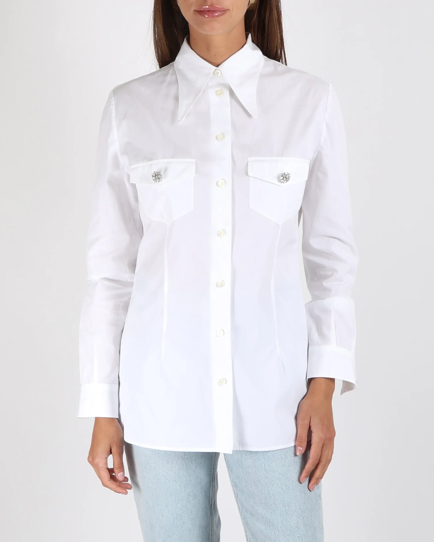 Prada White Button Down Shirt with Crystal Cluster Buttons and Front Pockets Size IT 42 (UK 10) RRP £1,100
