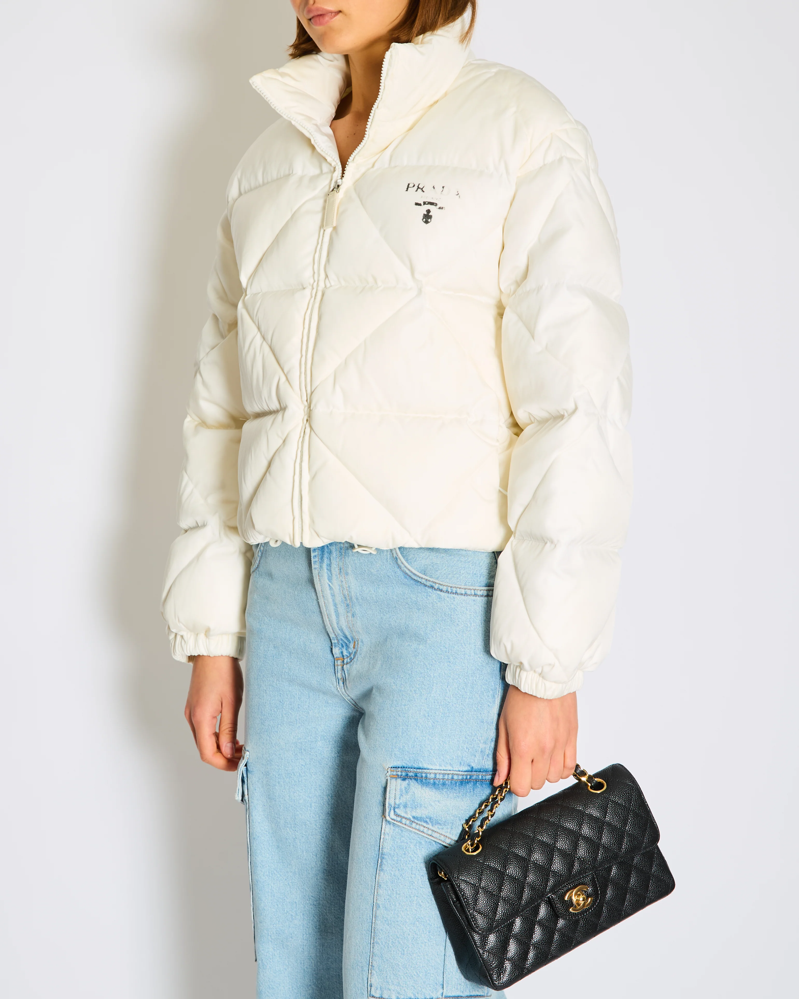 Prada White Cropped Hooded Quilted Down Re-Nylon Puffer Jacket Size IT 40 (UK 8)