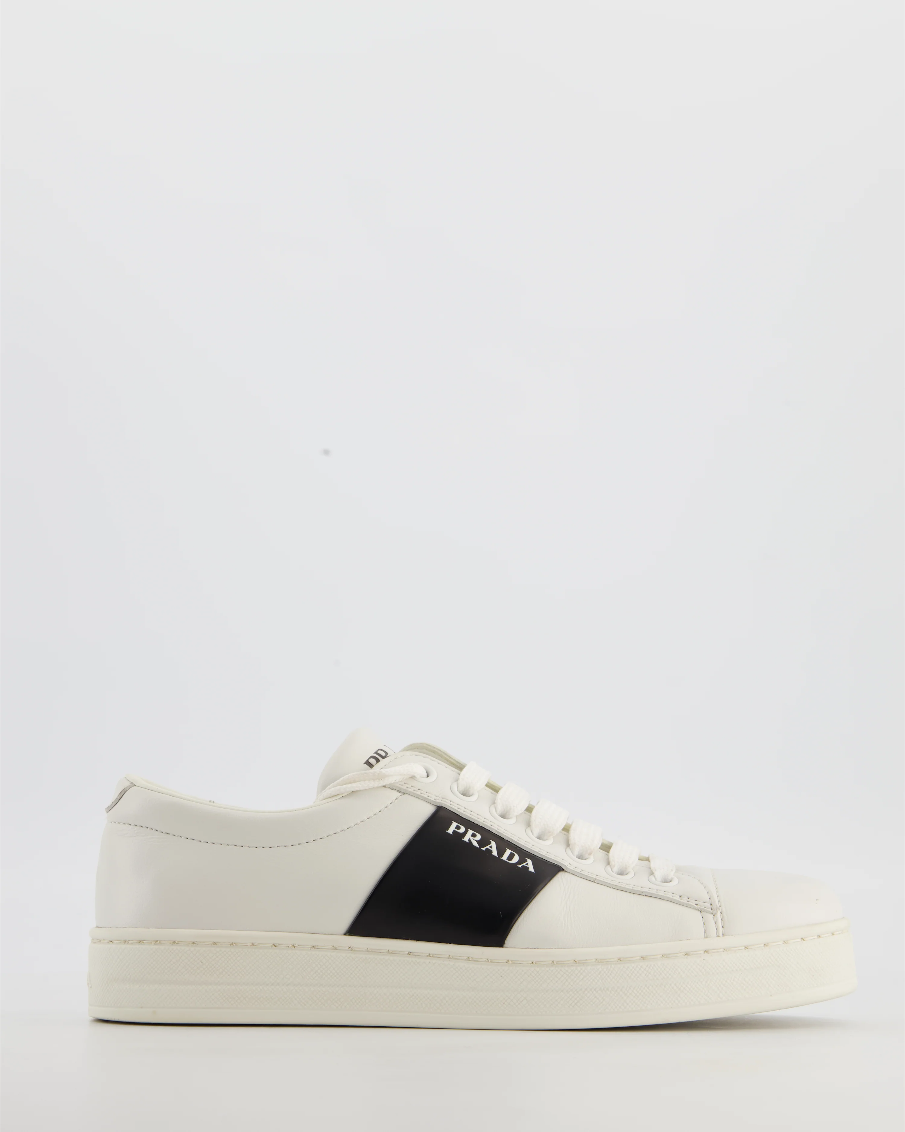 Prada White Laced Leather Trainers with Black Stripe Logo Size EU 36