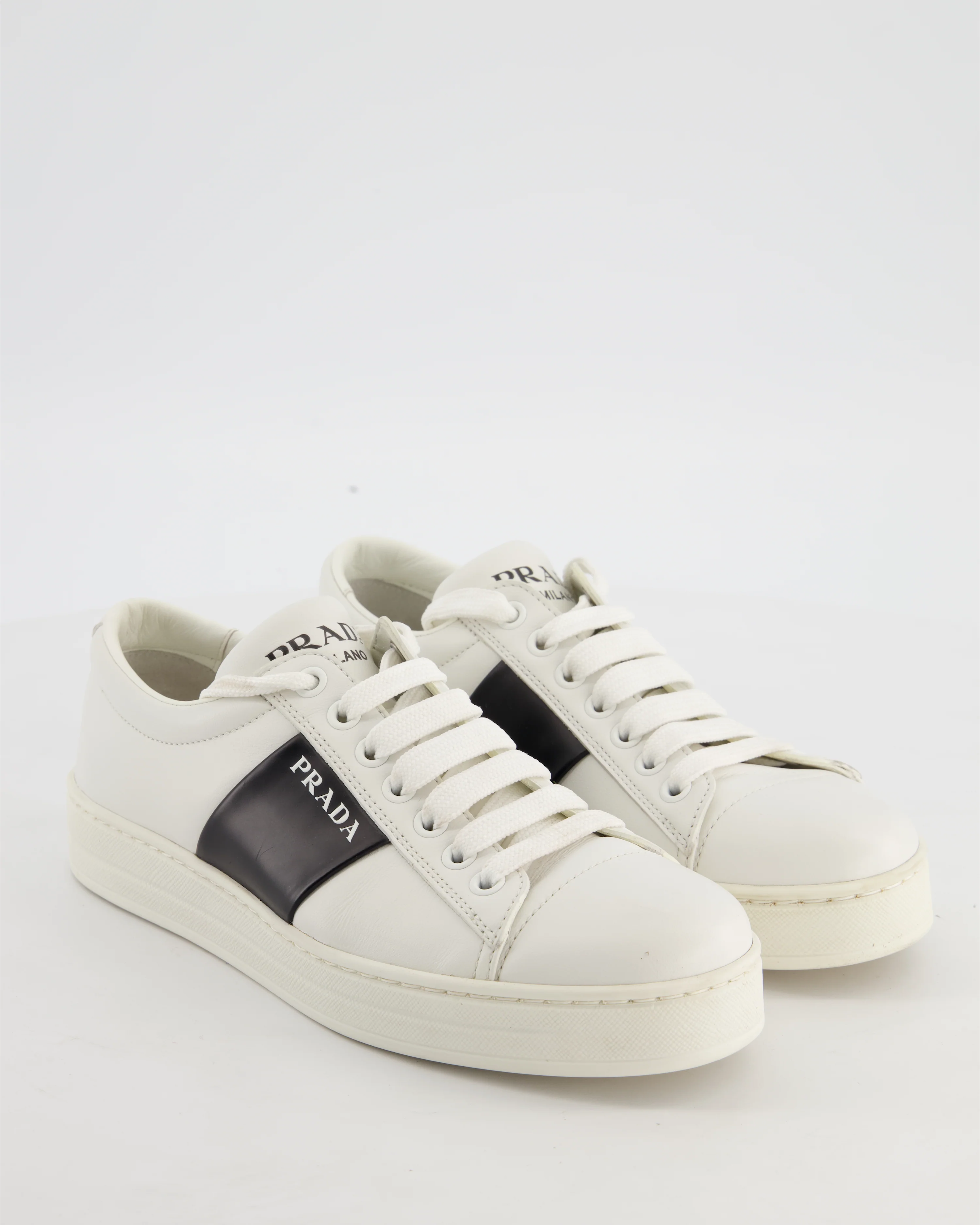 Prada White Laced Leather Trainers with Black Stripe Logo Size EU 36 - Image 2