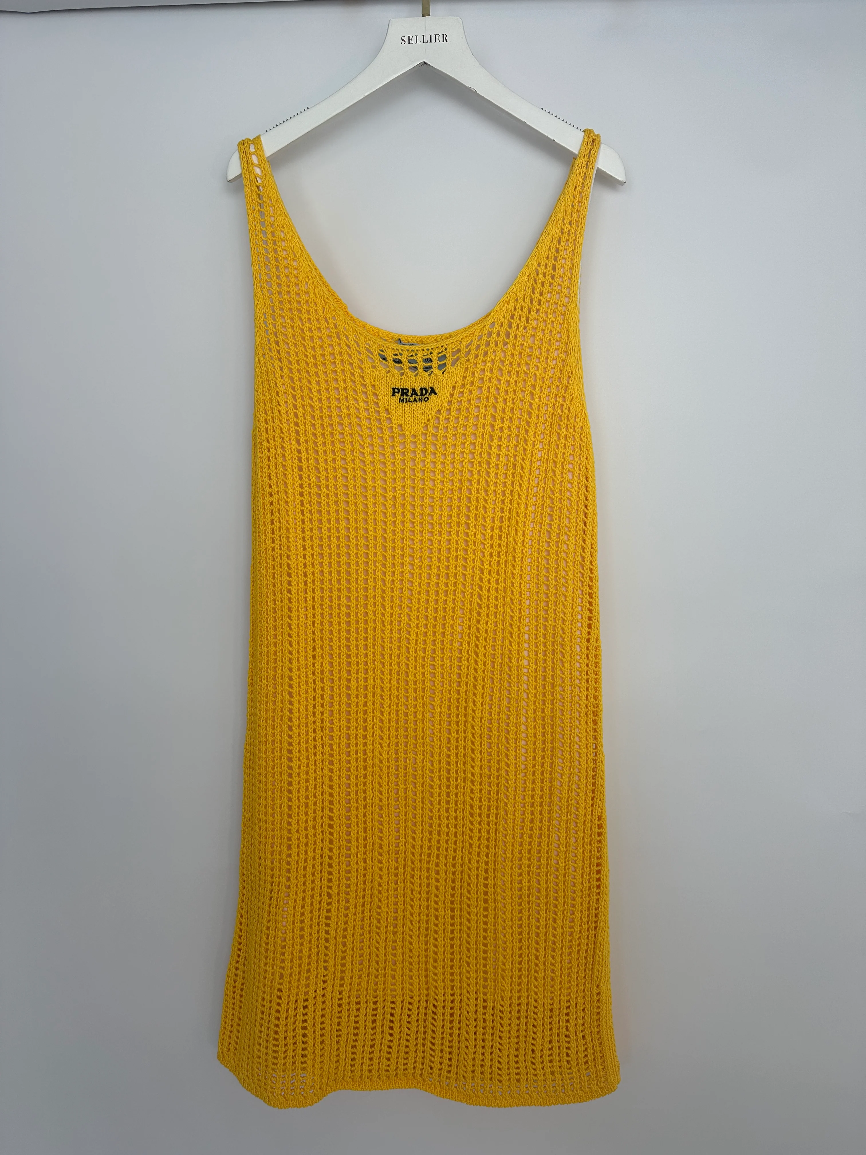Prada Yellow Crochet Knitted Mini Dress with White Slip Size IT 38 (UK 6) - Image 11