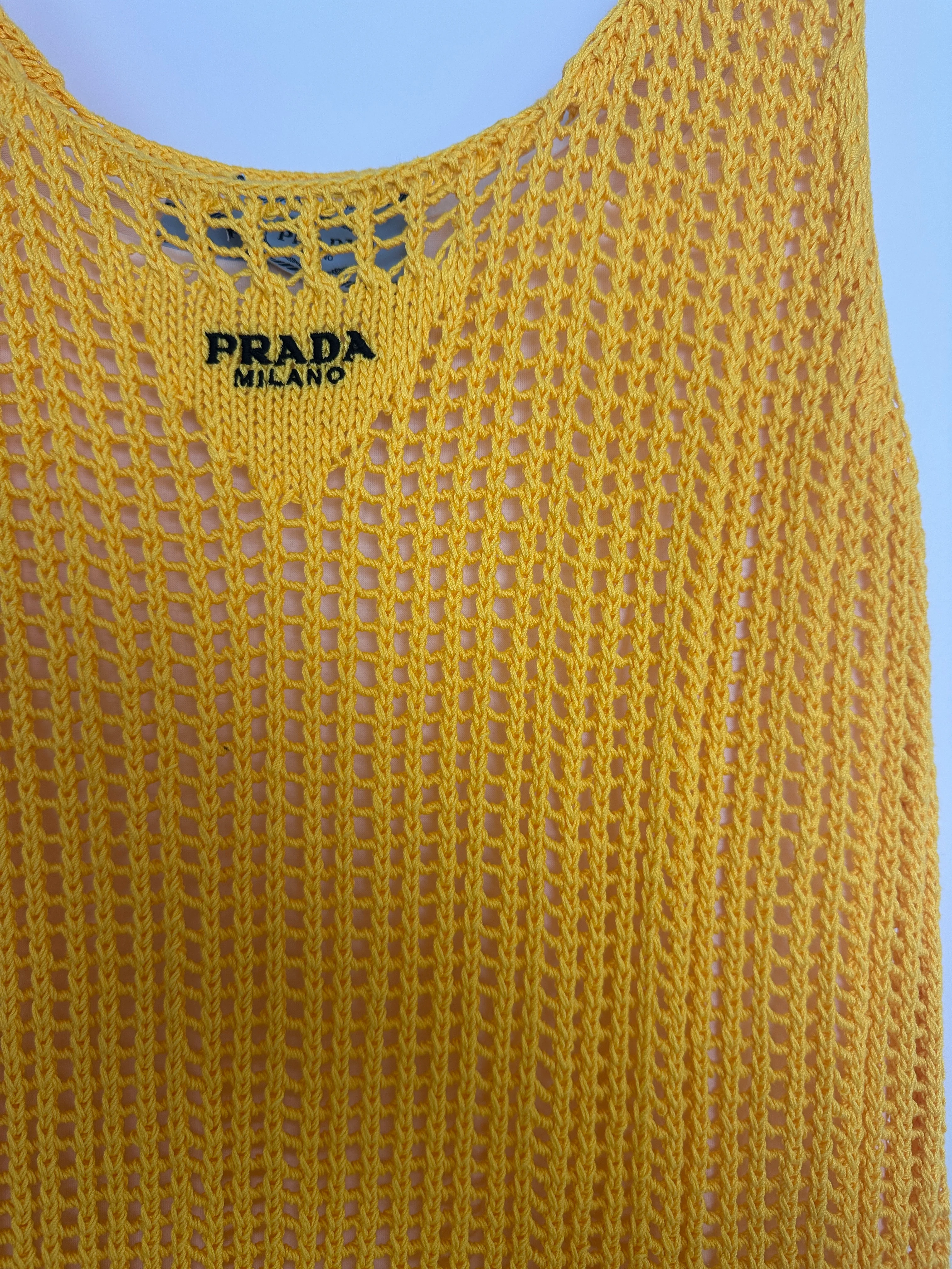 Prada Yellow Crochet Knitted Mini Dress with White Slip Size IT 38 (UK 6) - Image 12