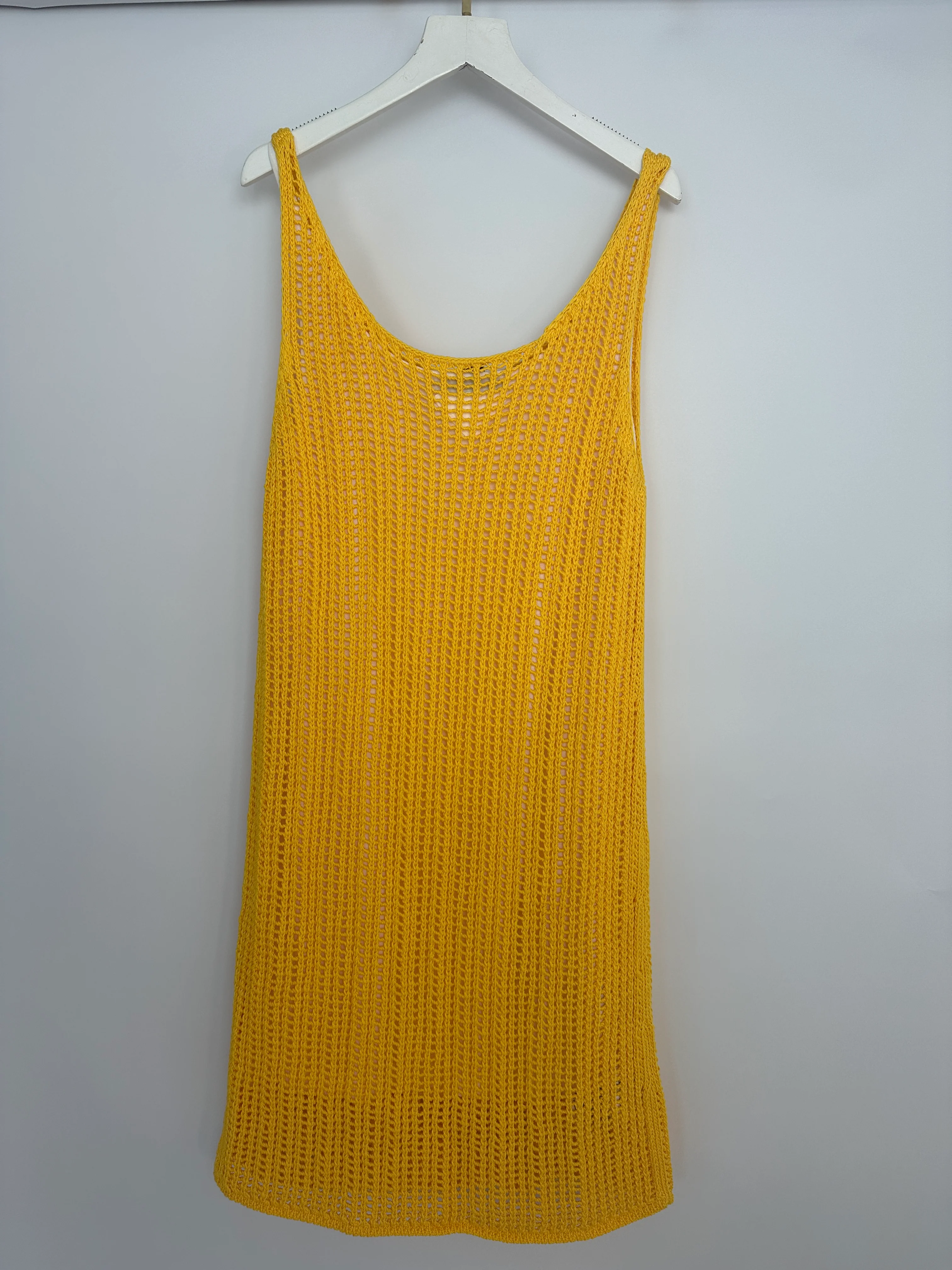 Prada Yellow Crochet Knitted Mini Dress with White Slip Size IT 38 (UK 6) - Image 13