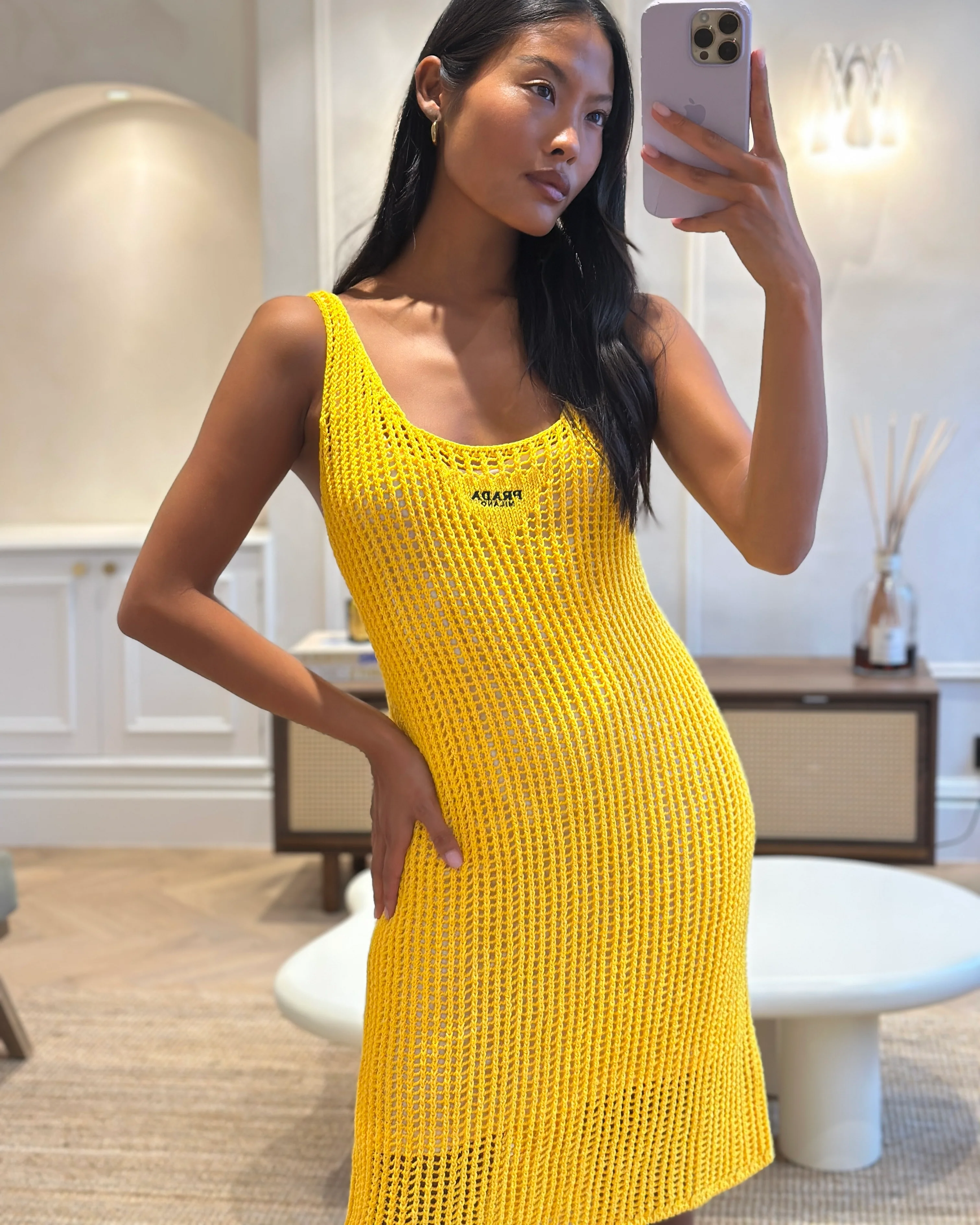 Prada Yellow Crochet Knitted Mini Dress with White Slip Size IT 38 (UK 6) - Image 6