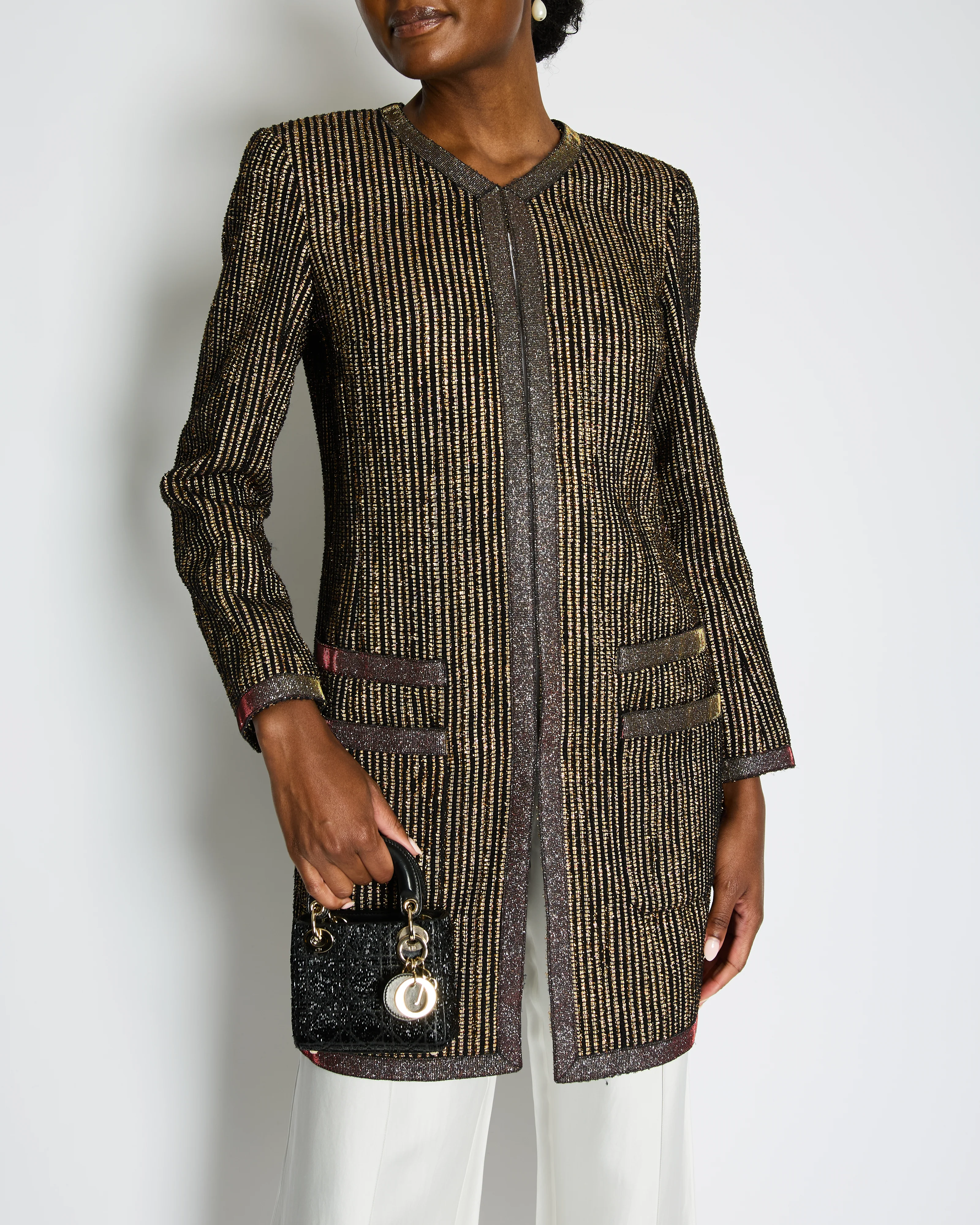 Chanel 10C Cruise Black, Red and Gold Tweed Longline Jacket with Metallic Trim Detail FR 40 (UK 12) RRP £2460 - Image 3