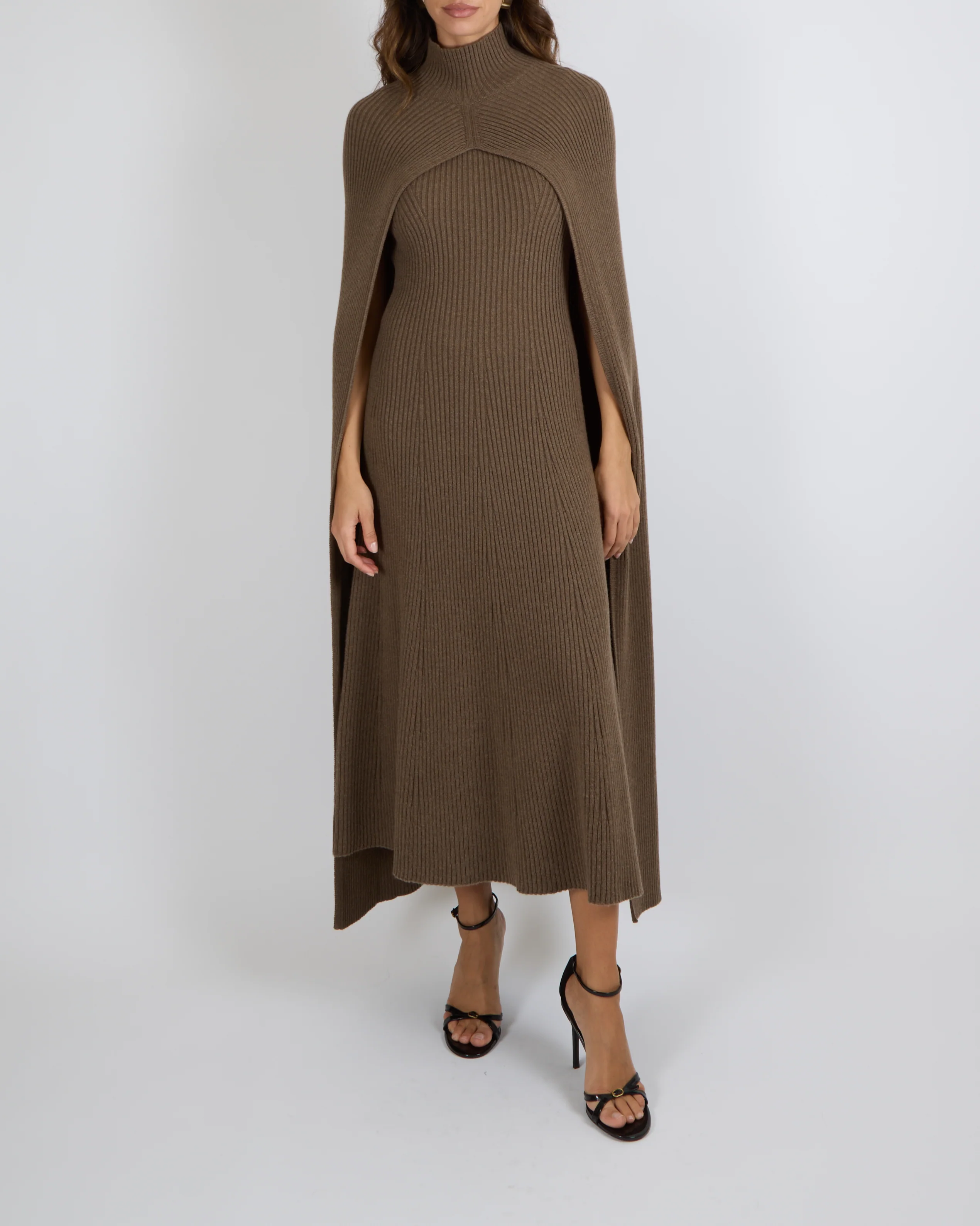 Ralph Lauren Fall 2024 Purple Label Brown Cashmere Knitted Sleeveless Maxi Dress and Cape Set Size M (UK 10) RRP £3,900