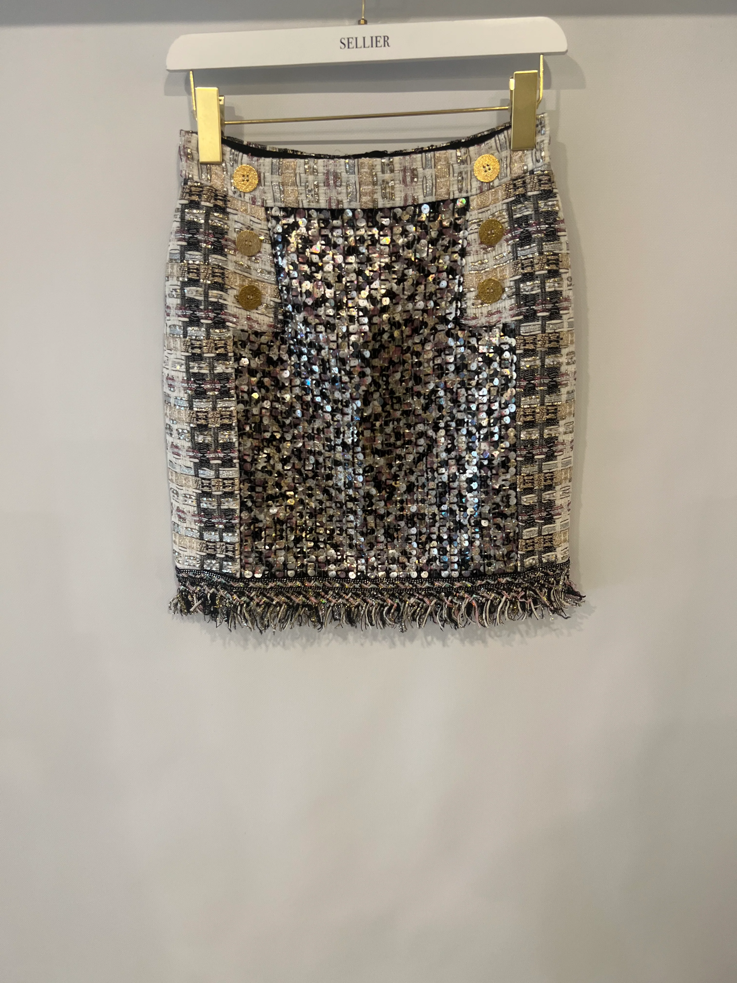 Ralph & Russo Black and Multi-Colour Tweed Sequin Top and Mini Skirt Set with Textured Gold Buttons Size FR 38/40 (UK 10/12) - Image 19