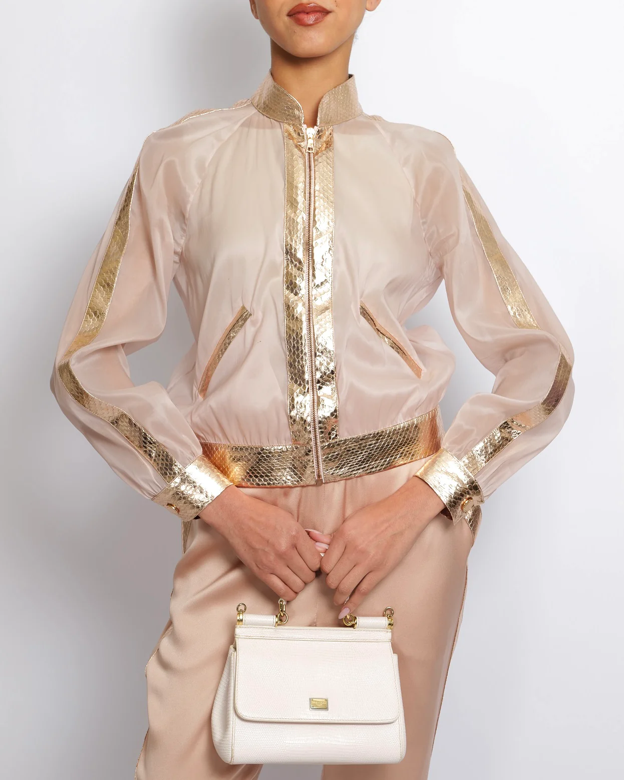 Ralph & Russo Blush Pink Jacket and Silk Trouser Set with Rose Gold Metallic Snake Trims Size IT 36/38 (UK 6/8) - Image 2