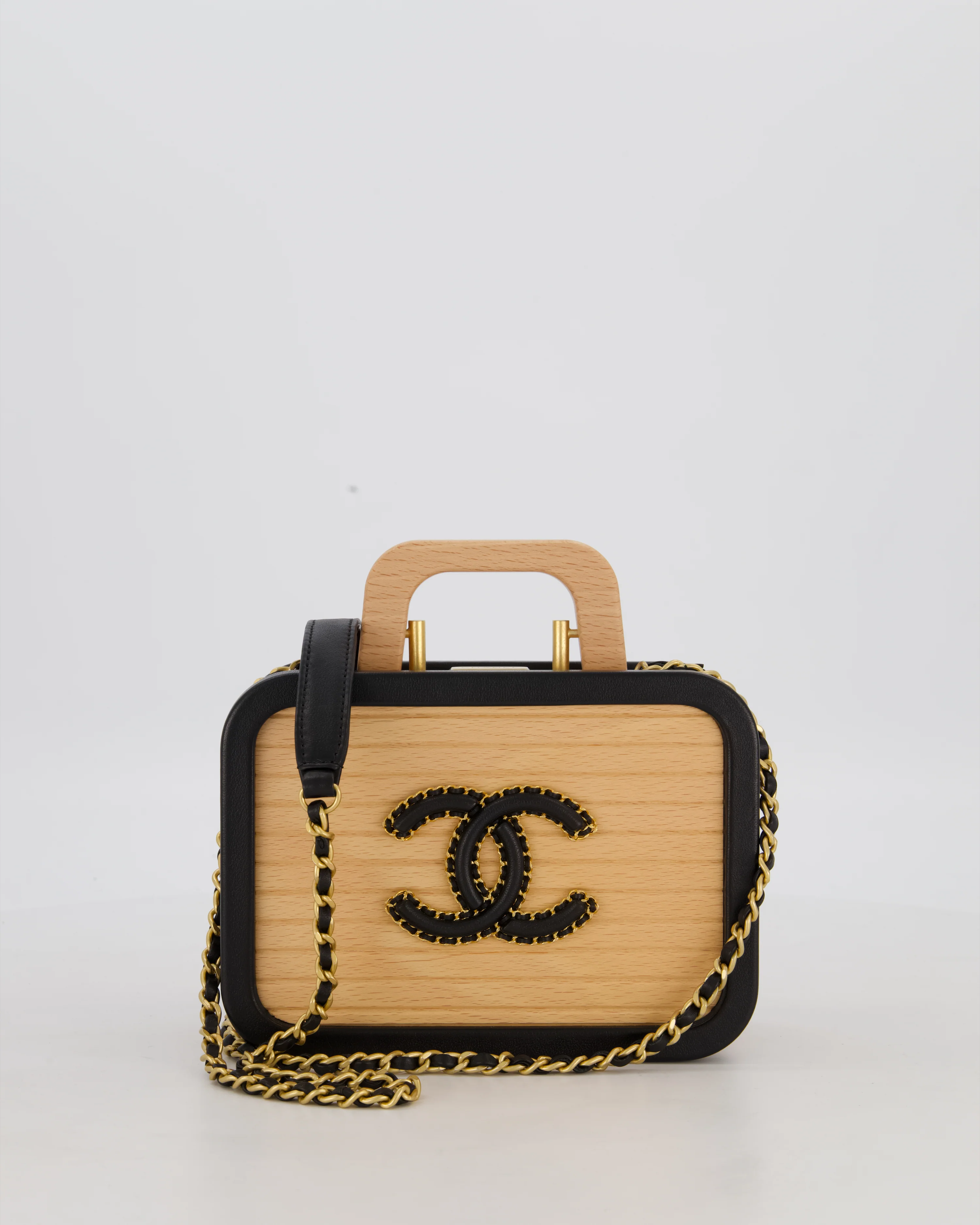 *VERY RARE* Chanel Brown Wooden Vanity Case Bag with Black CC Leather Chain Logo