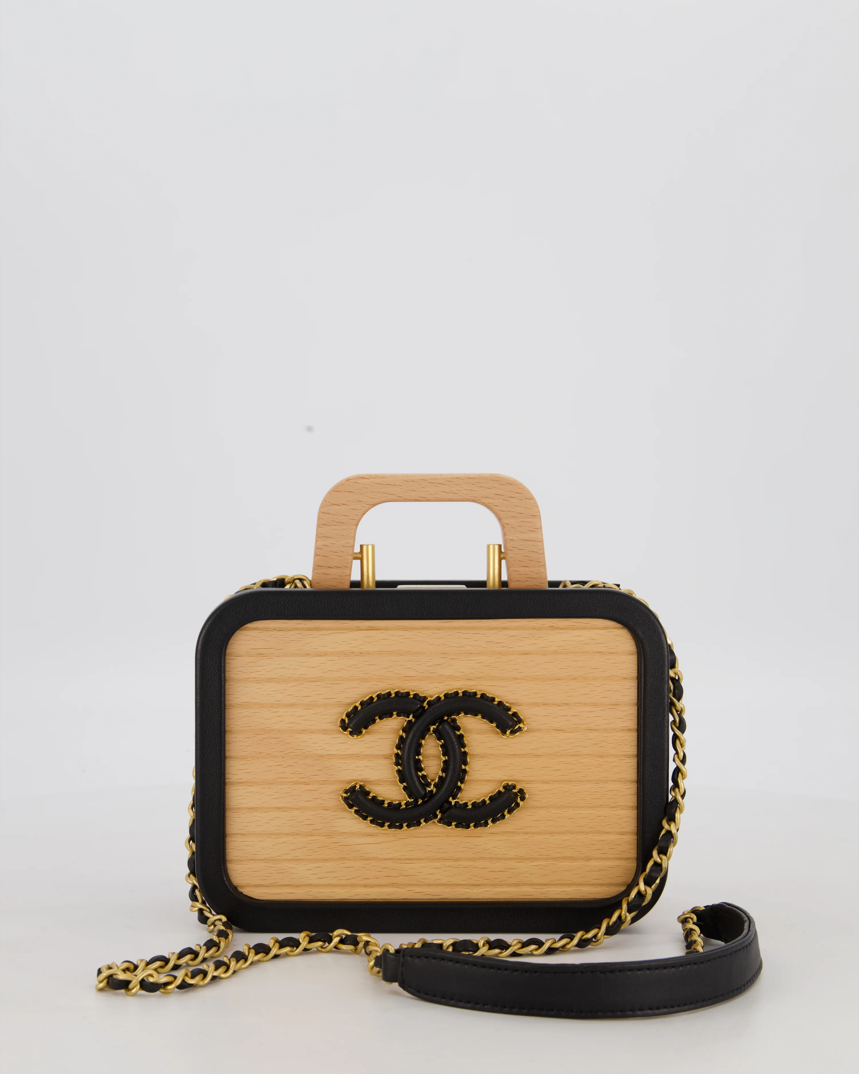 *VERY RARE* Chanel Brown Wooden Vanity Case Bag with Black CC Leather Chain Logo - Image 3