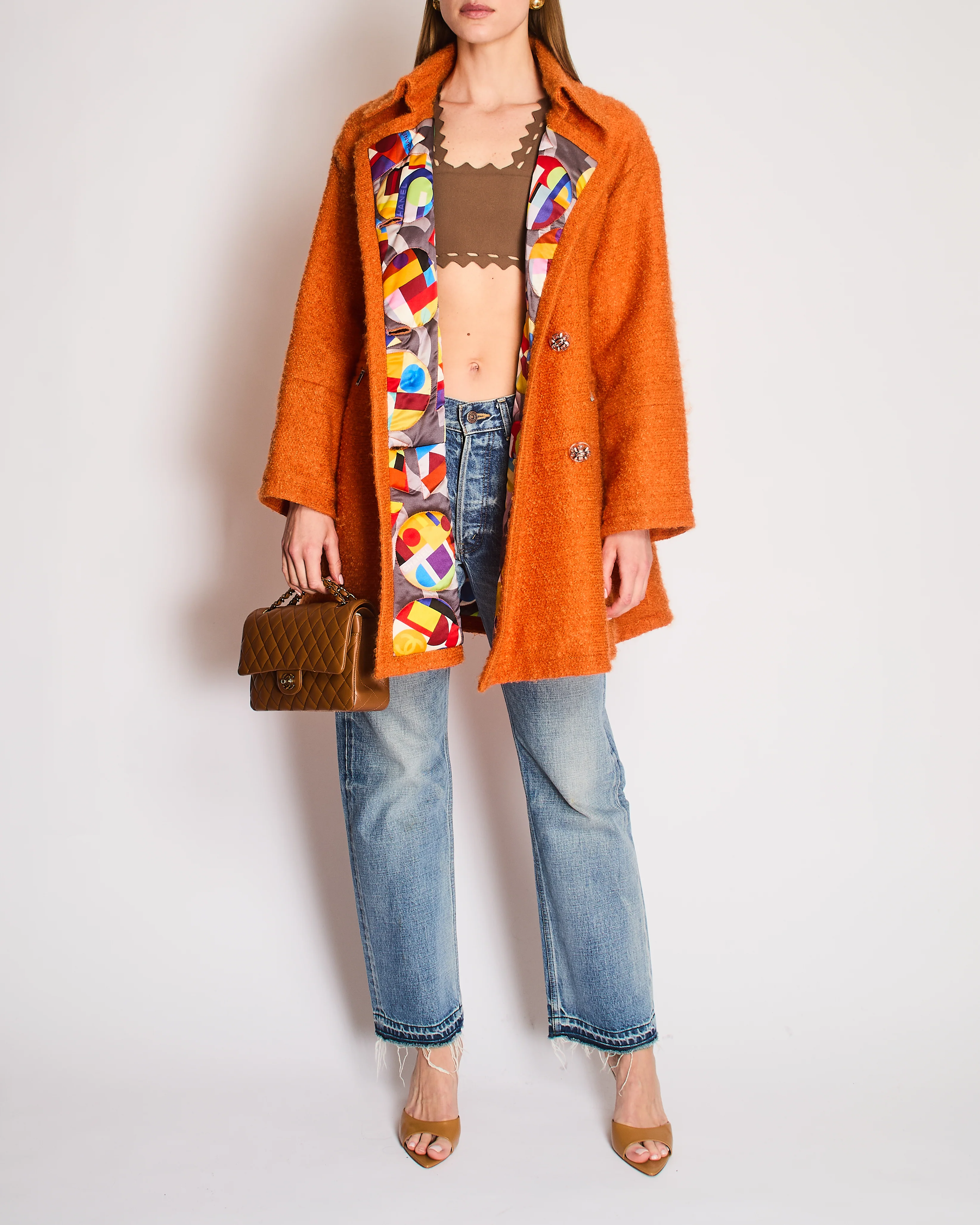 *RARE* Chanel Fall/Winter 2014 "Supermarket" Collection Orange Double Breasted Oversized Coat with Camelia Embellished Buttons & Zip Details Size FR 36 (UK 8)