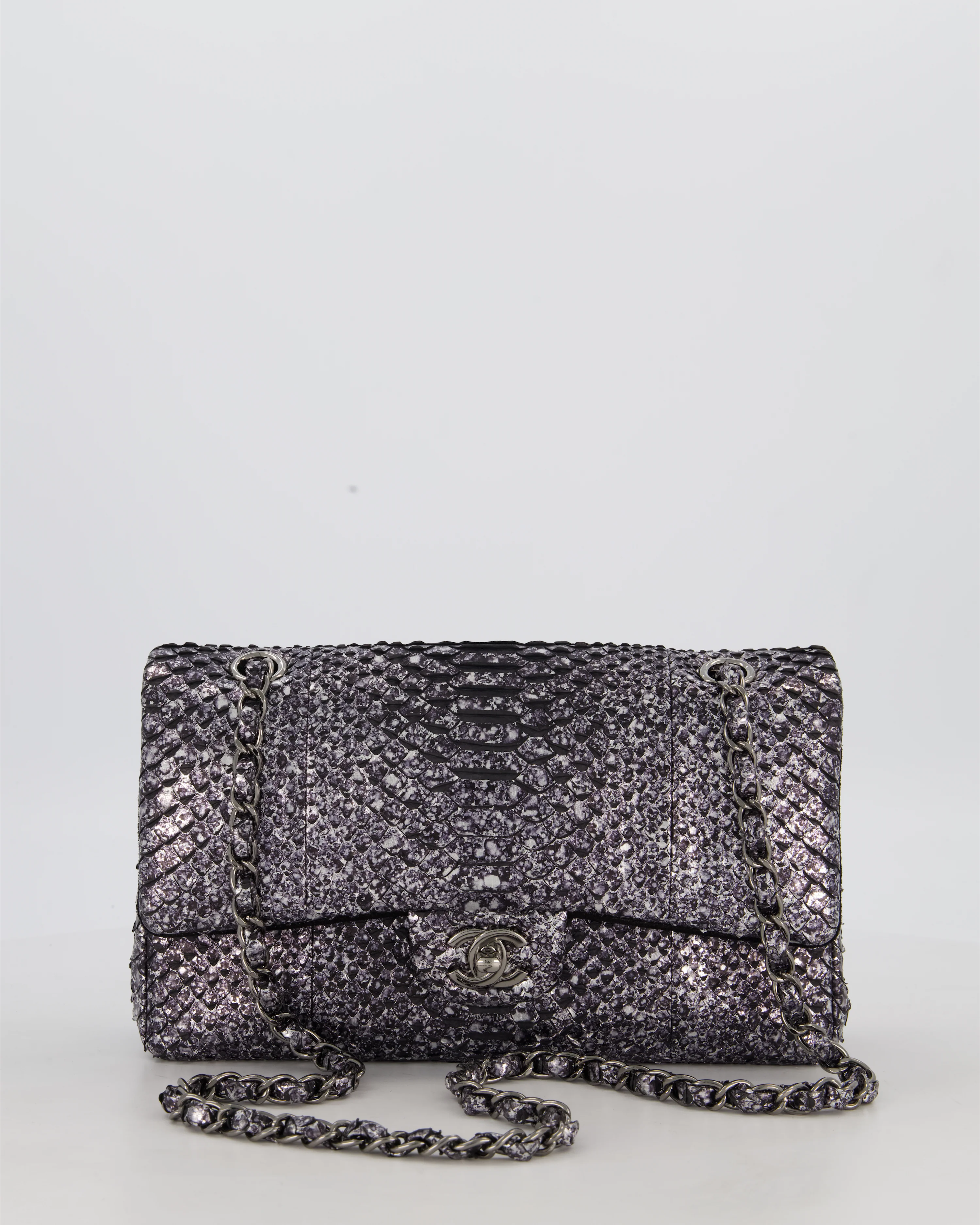 *RARE* Chanel Medium Double Flap Bag in Metallic Silver Python Leather with Gunmetal Hardware