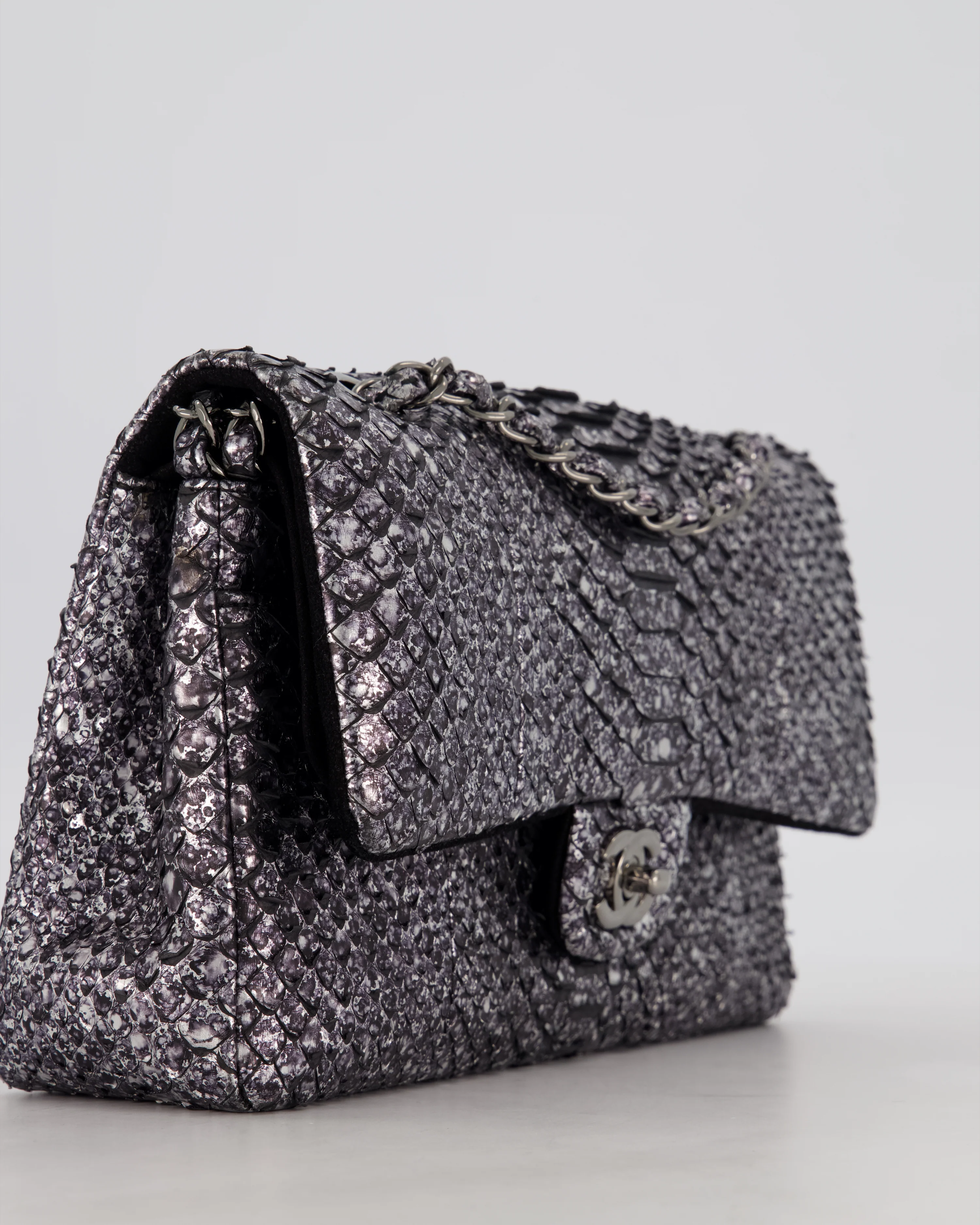 *RARE* Chanel Medium Double Flap Bag in Metallic Silver Python Leather with Gunmetal Hardware - Image 11