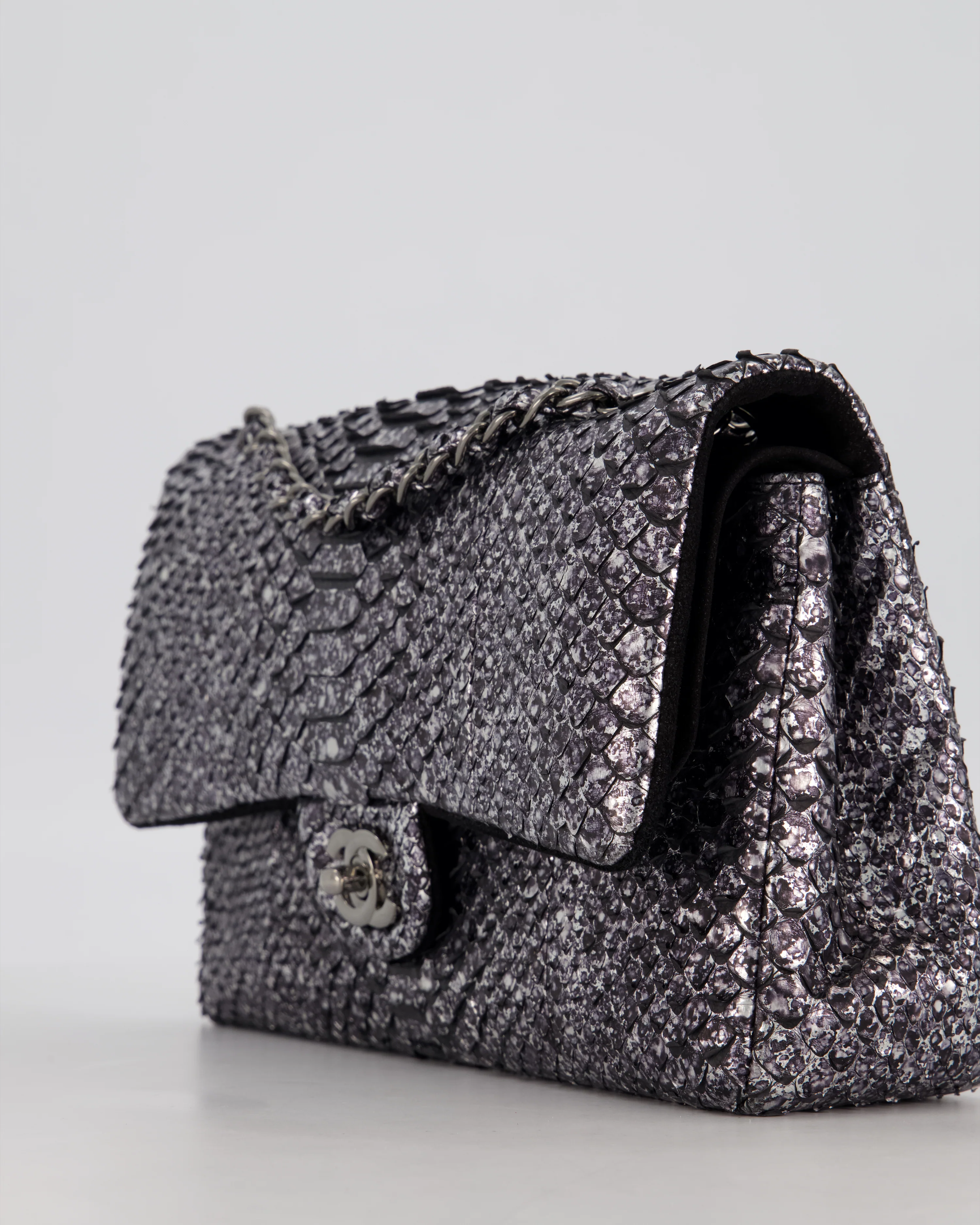 *RARE* Chanel Medium Double Flap Bag in Metallic Silver Python Leather with Gunmetal Hardware - Image 12