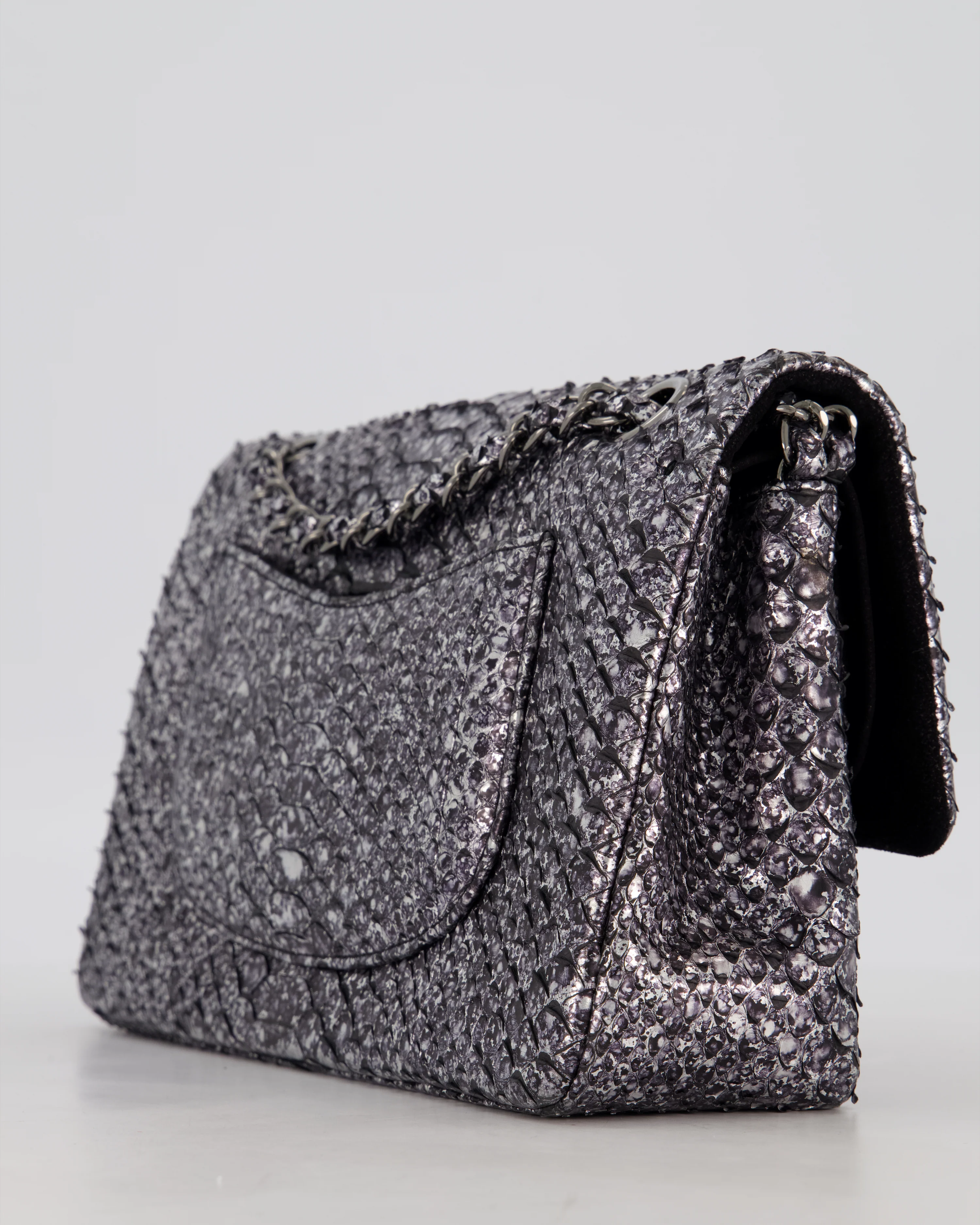 *RARE* Chanel Medium Double Flap Bag in Metallic Silver Python Leather with Gunmetal Hardware - Image 13
