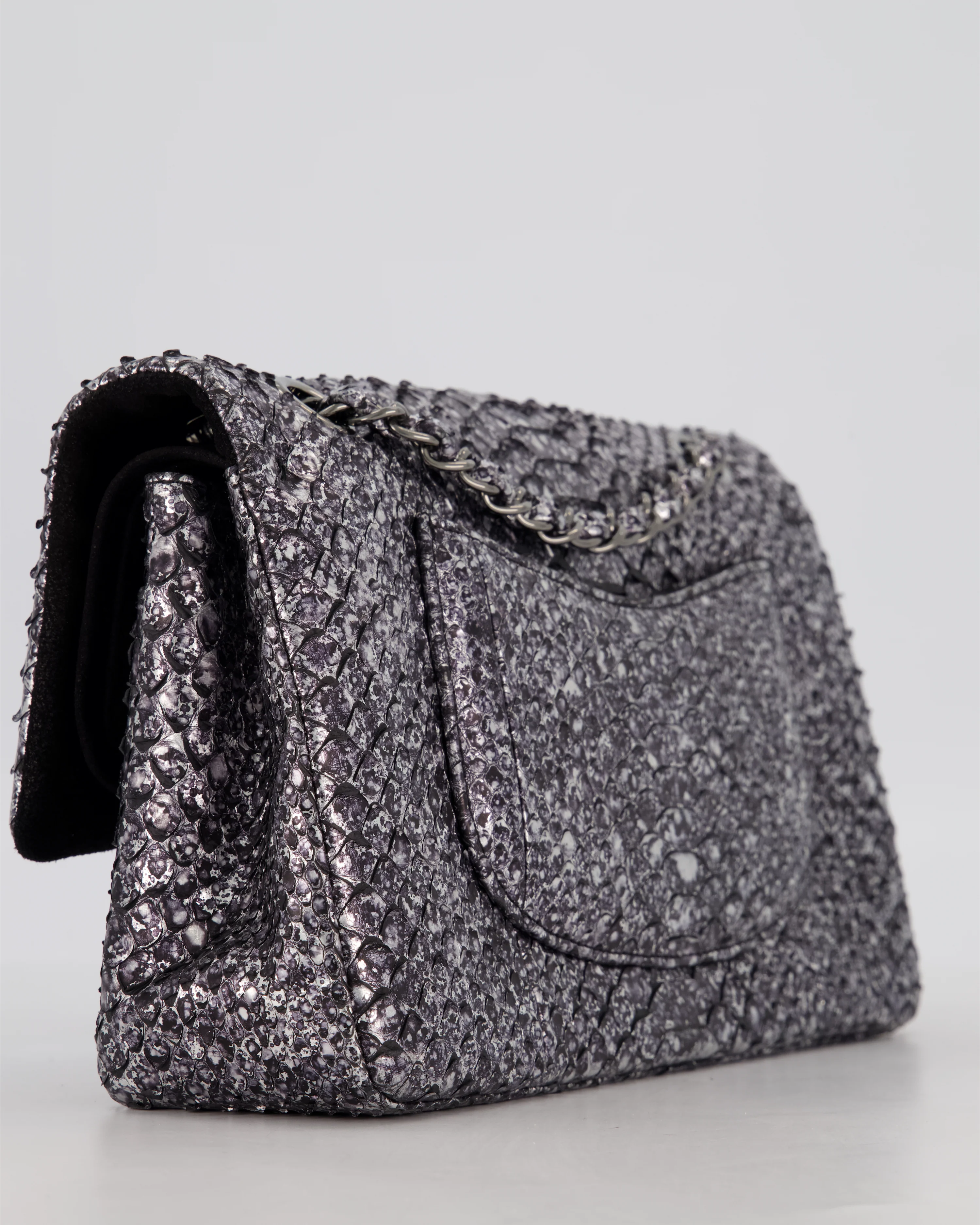 *RARE* Chanel Medium Double Flap Bag in Metallic Silver Python Leather with Gunmetal Hardware - Image 14