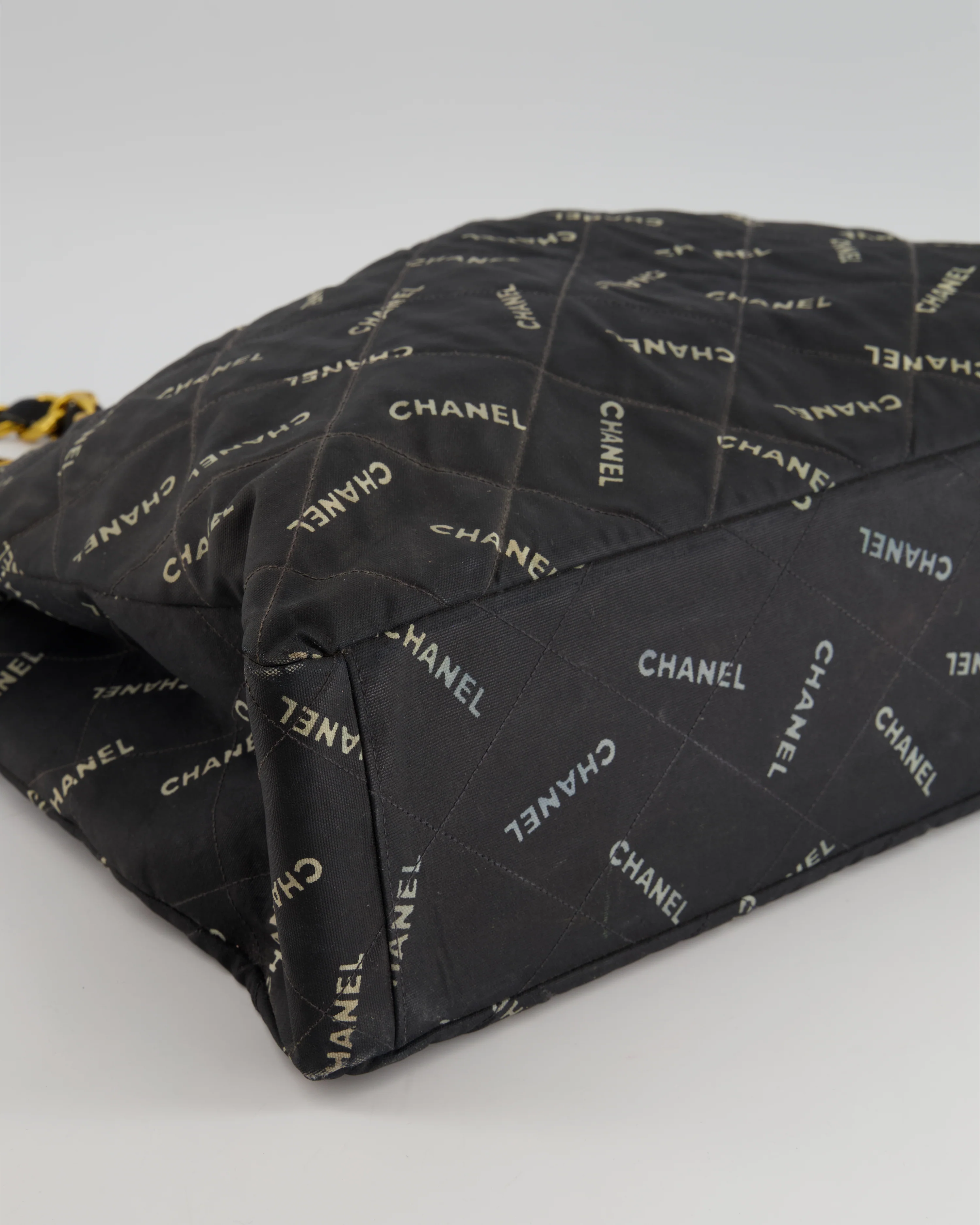 *RARE* Chanel Vintage Black Bag in Quilted Canvas Logo Print with Gold Hardware - Image 14