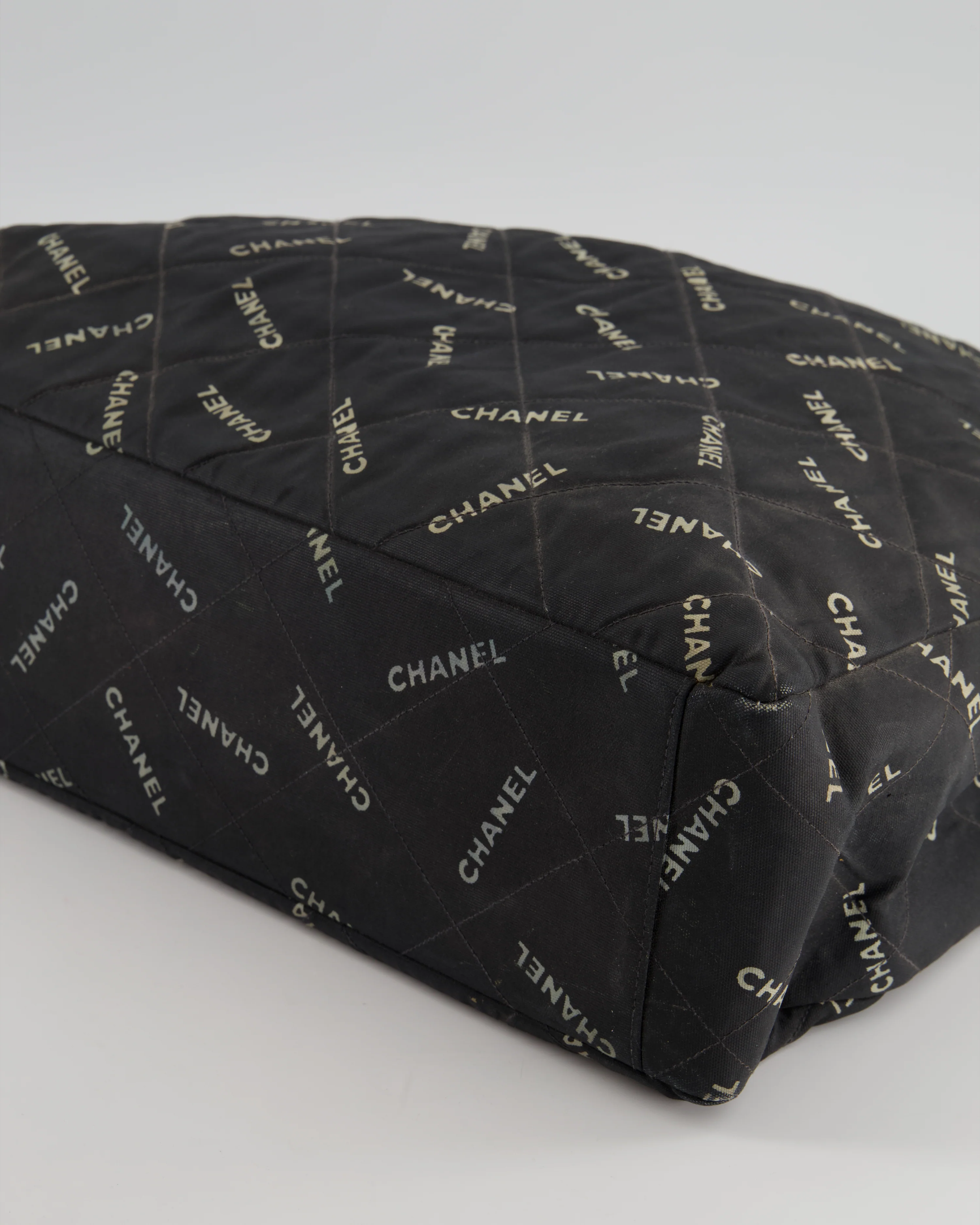 *RARE* Chanel Vintage Black Bag in Quilted Canvas Logo Print with Gold Hardware - Image 15