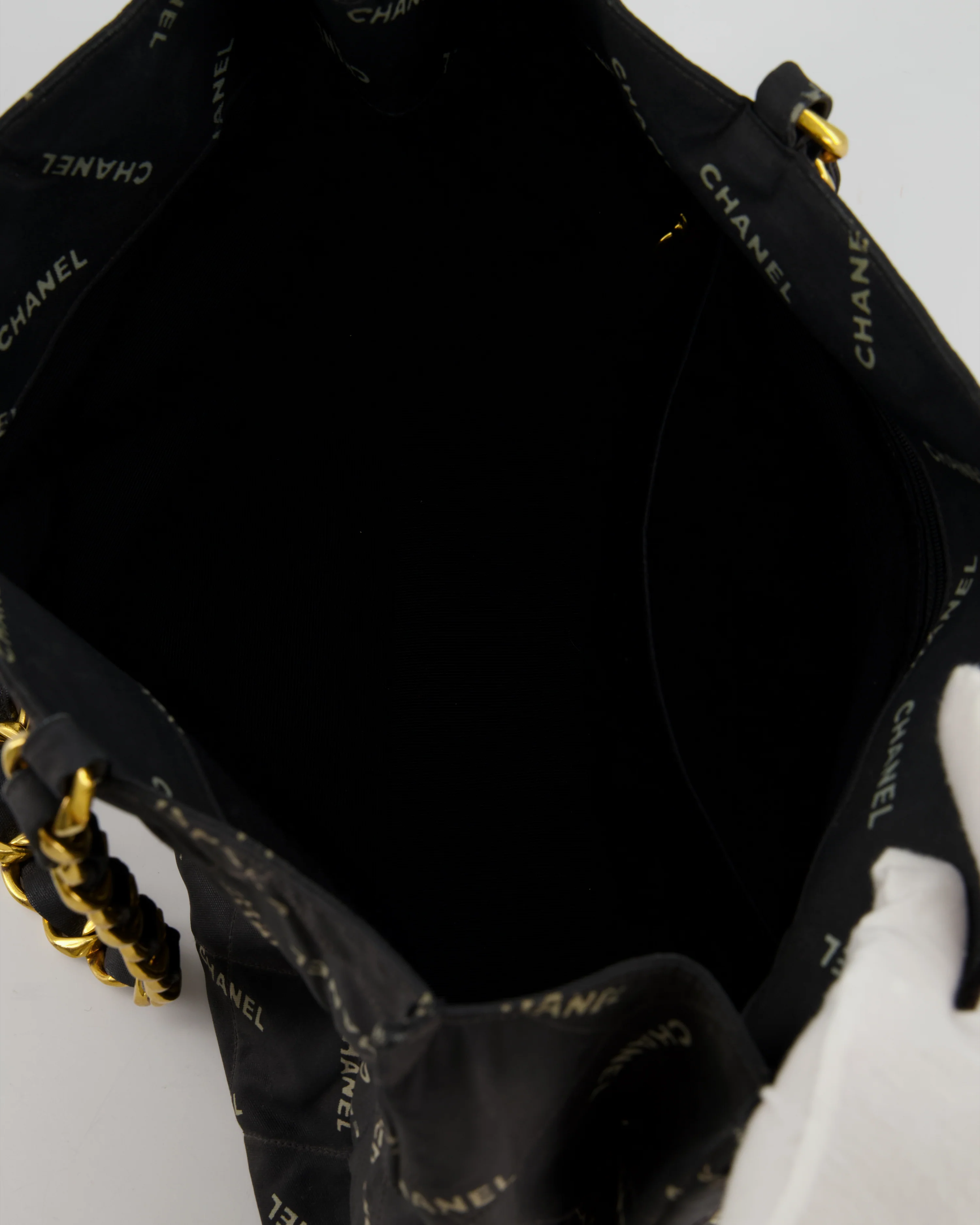 *RARE* Chanel Vintage Black Bag in Quilted Canvas Logo Print with Gold Hardware - Image 16