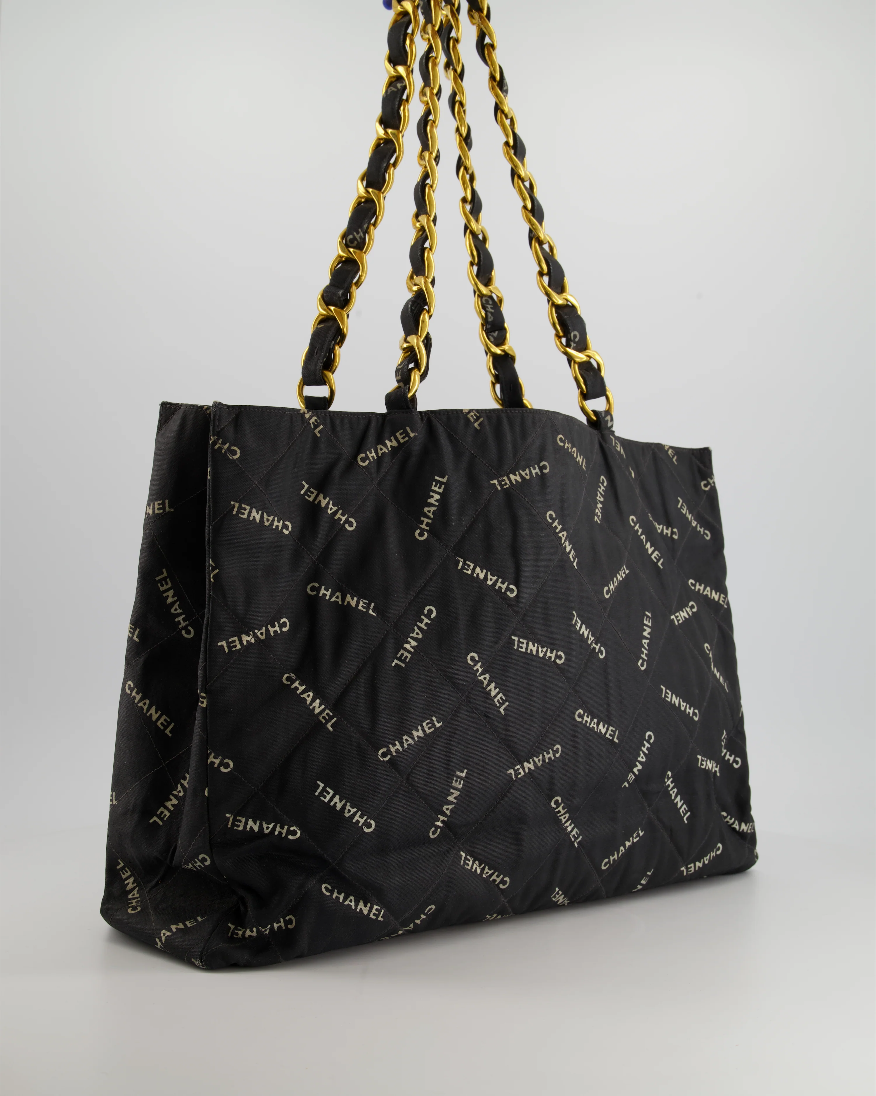 *RARE* Chanel Vintage Black Bag in Quilted Canvas Logo Print with Gold Hardware - Image 4