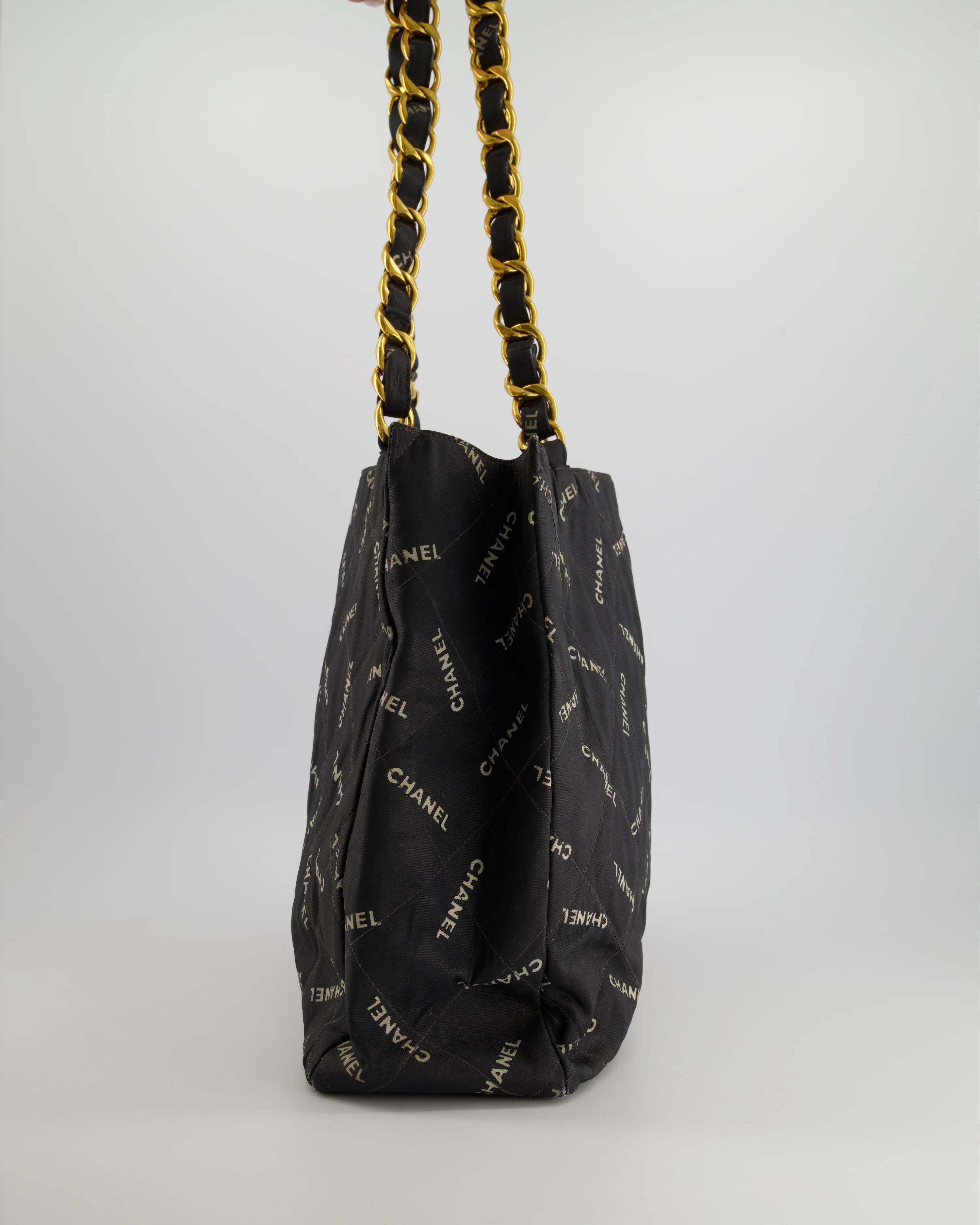 *RARE* Chanel Vintage Black Bag in Quilted Canvas Logo Print with Gold Hardware - Image 5