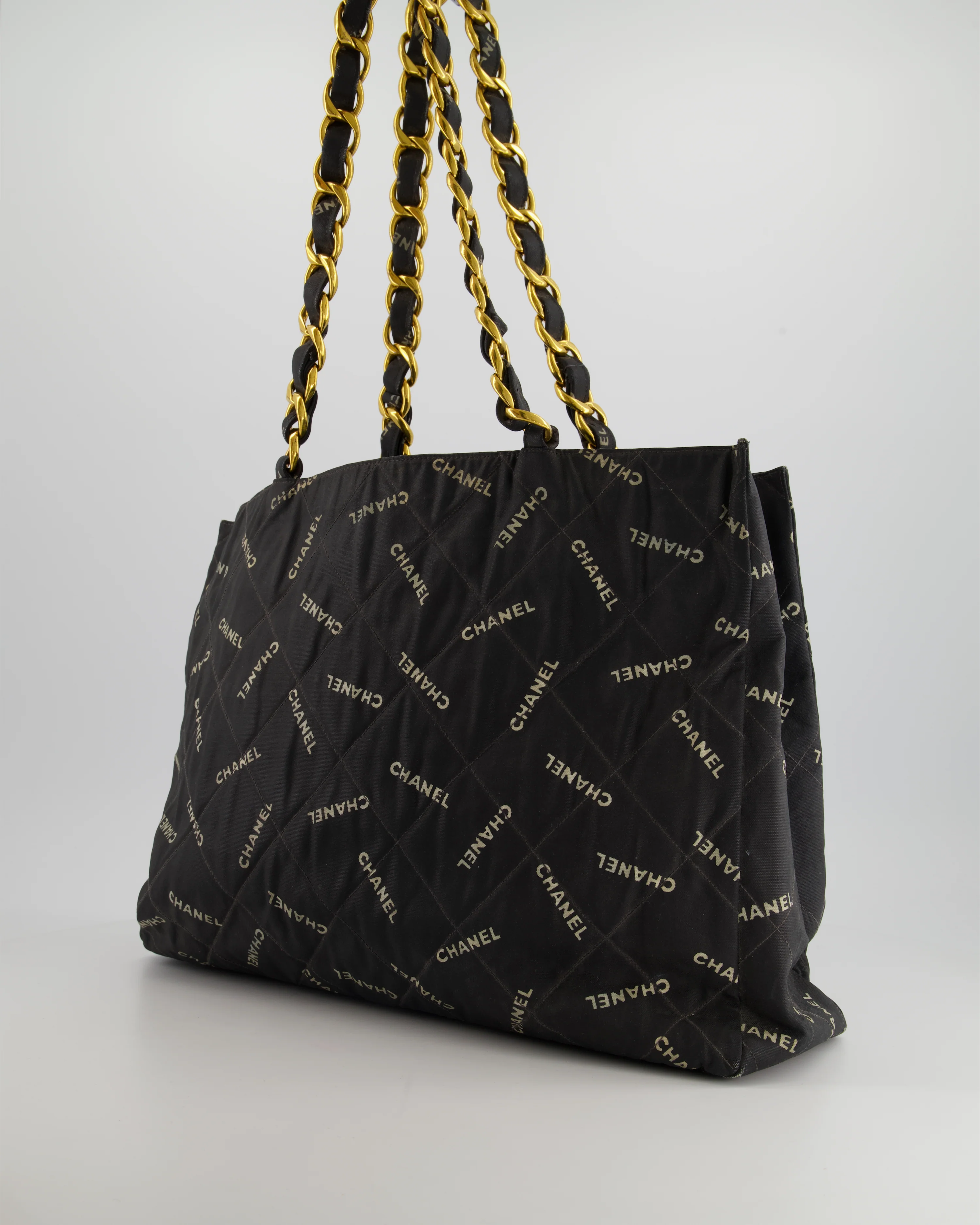 *RARE* Chanel Vintage Black Bag in Quilted Canvas Logo Print with Gold Hardware - Image 6