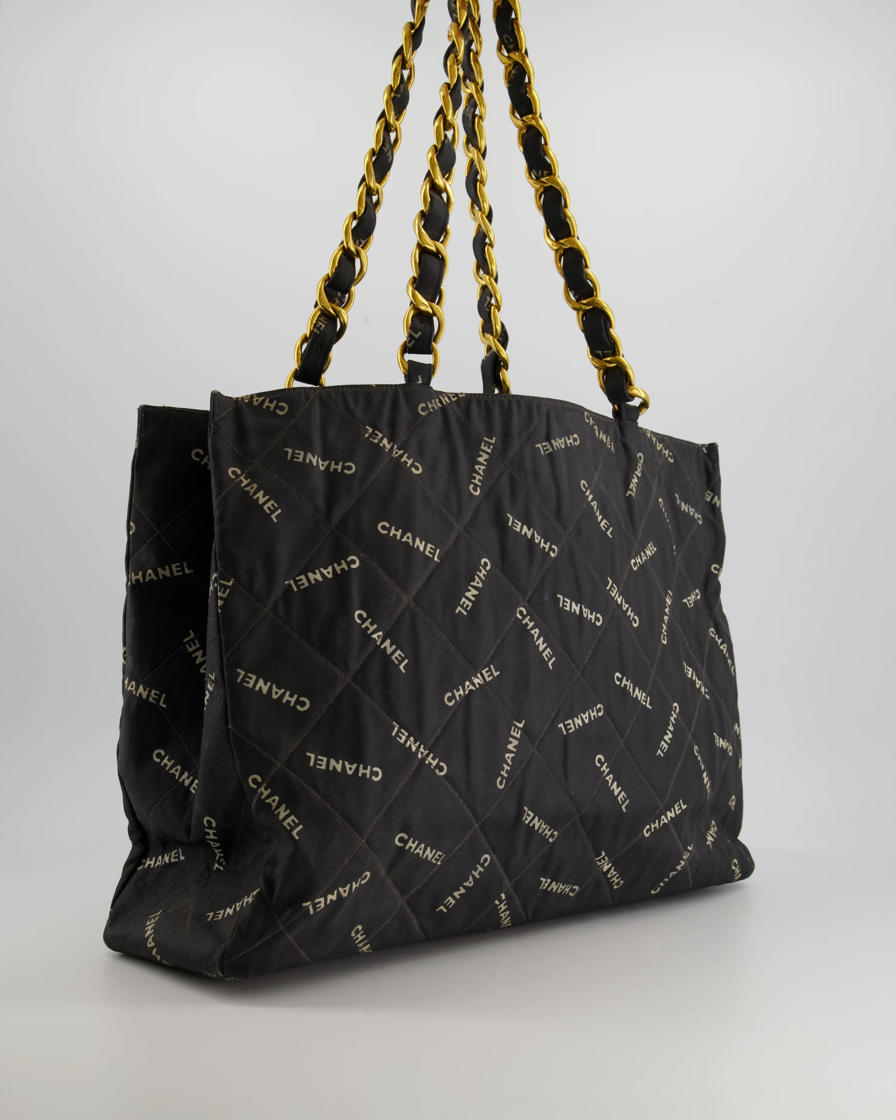 *RARE* Chanel Vintage Black Bag in Quilted Canvas Logo Print with Gold Hardware - Image 8