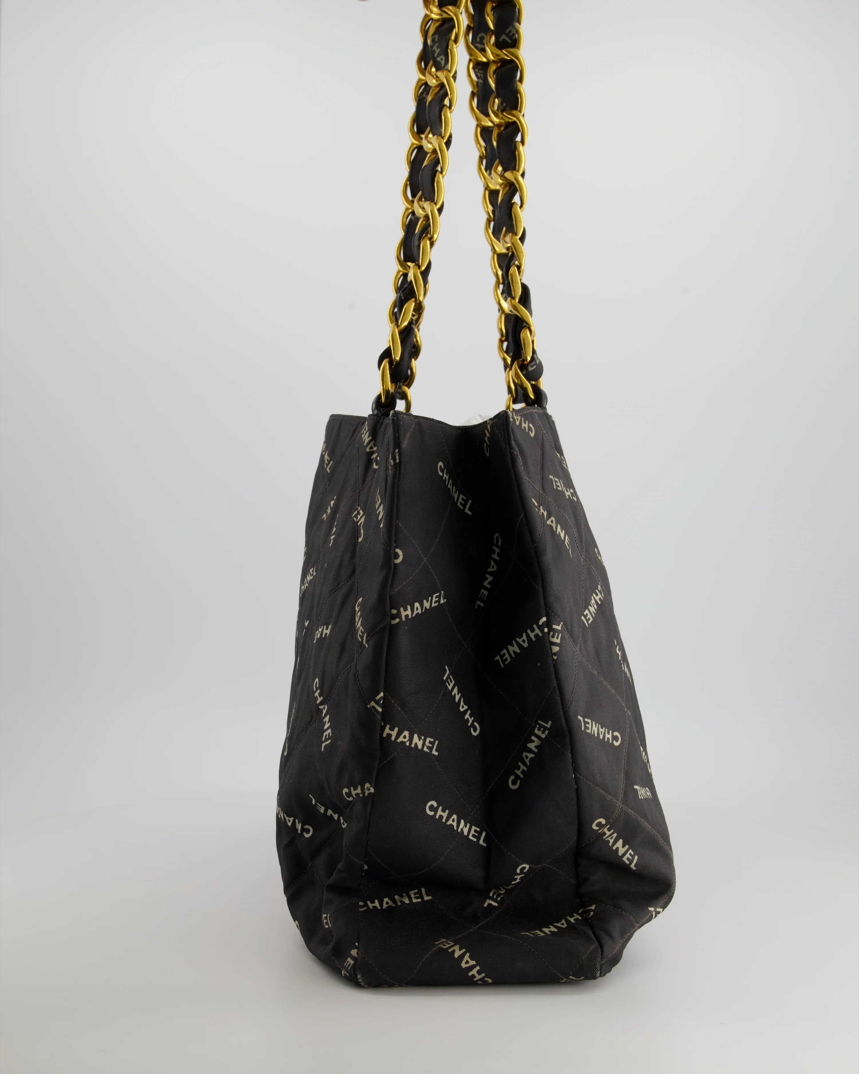 *RARE* Chanel Vintage Black Bag in Quilted Canvas Logo Print with Gold Hardware - Image 9