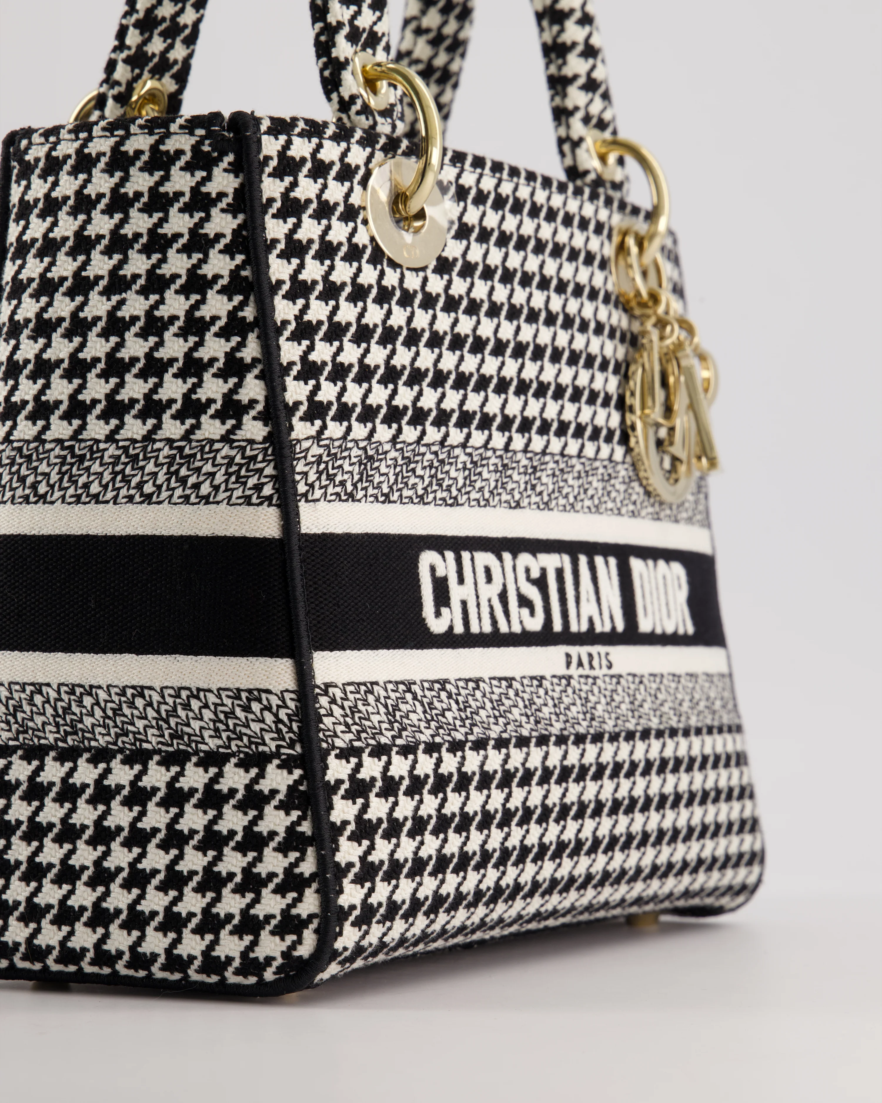 *RARE* Christian Dior Black & White Houndstooth Medium Lady Dior Bag in Canvas with Champagne Gold Hardware - Image 10