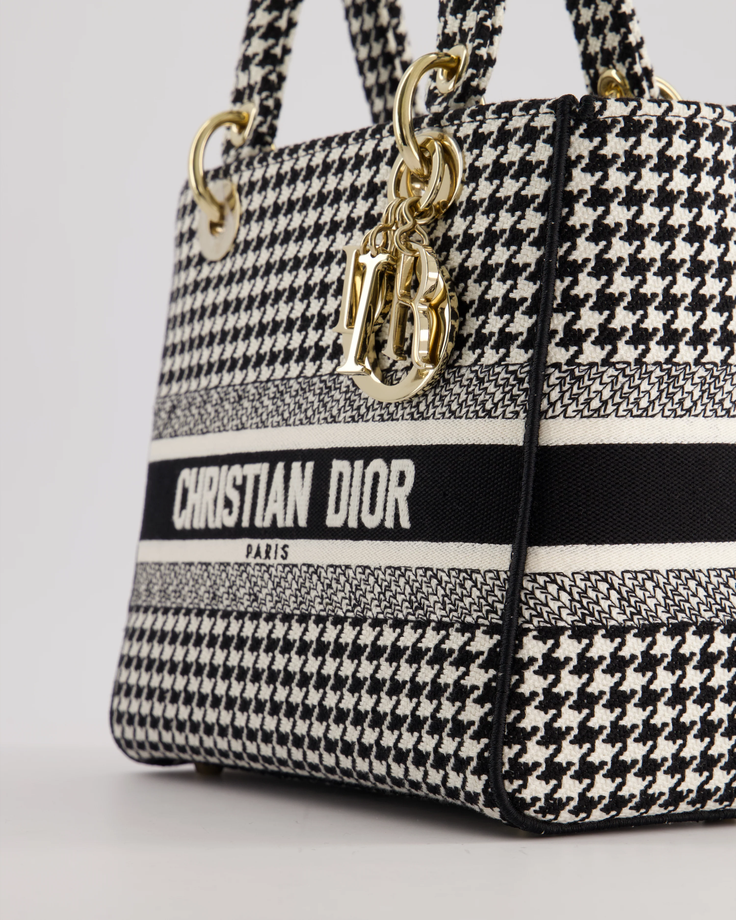 *RARE* Christian Dior Black & White Houndstooth Medium Lady Dior Bag in Canvas with Champagne Gold Hardware - Image 11