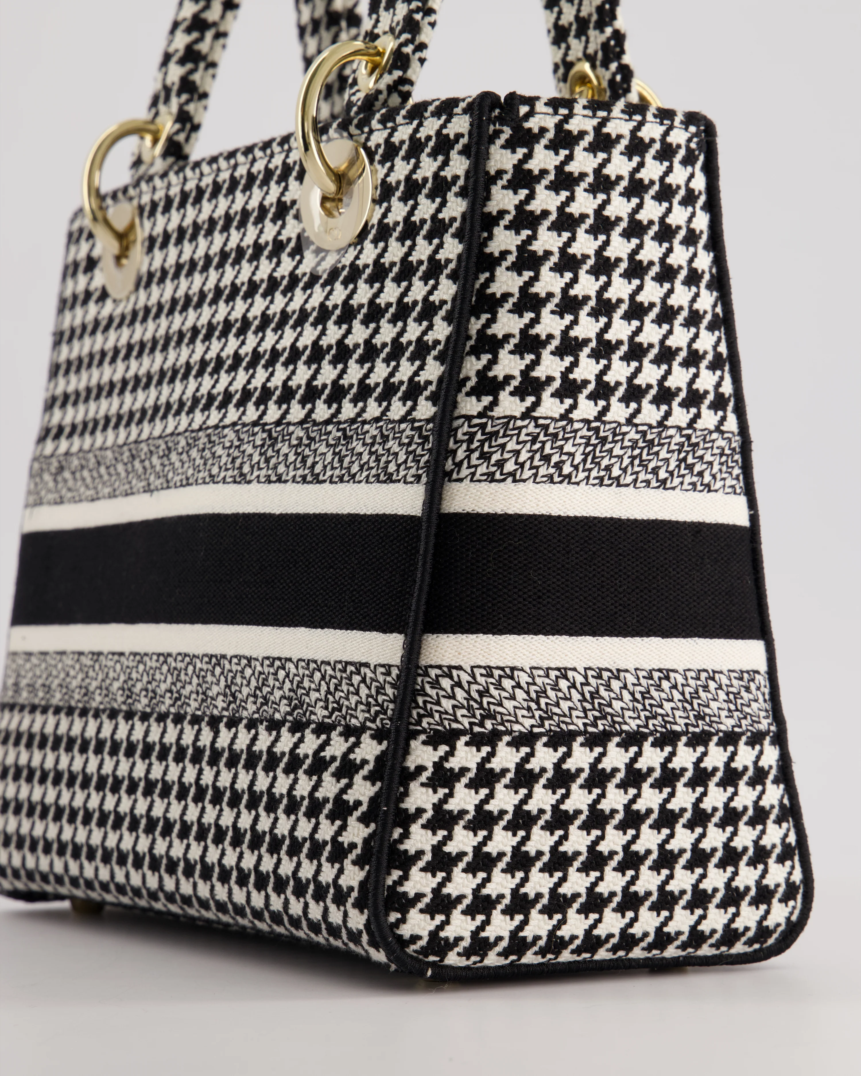 *RARE* Christian Dior Black & White Houndstooth Medium Lady Dior Bag in Canvas with Champagne Gold Hardware - Image 12