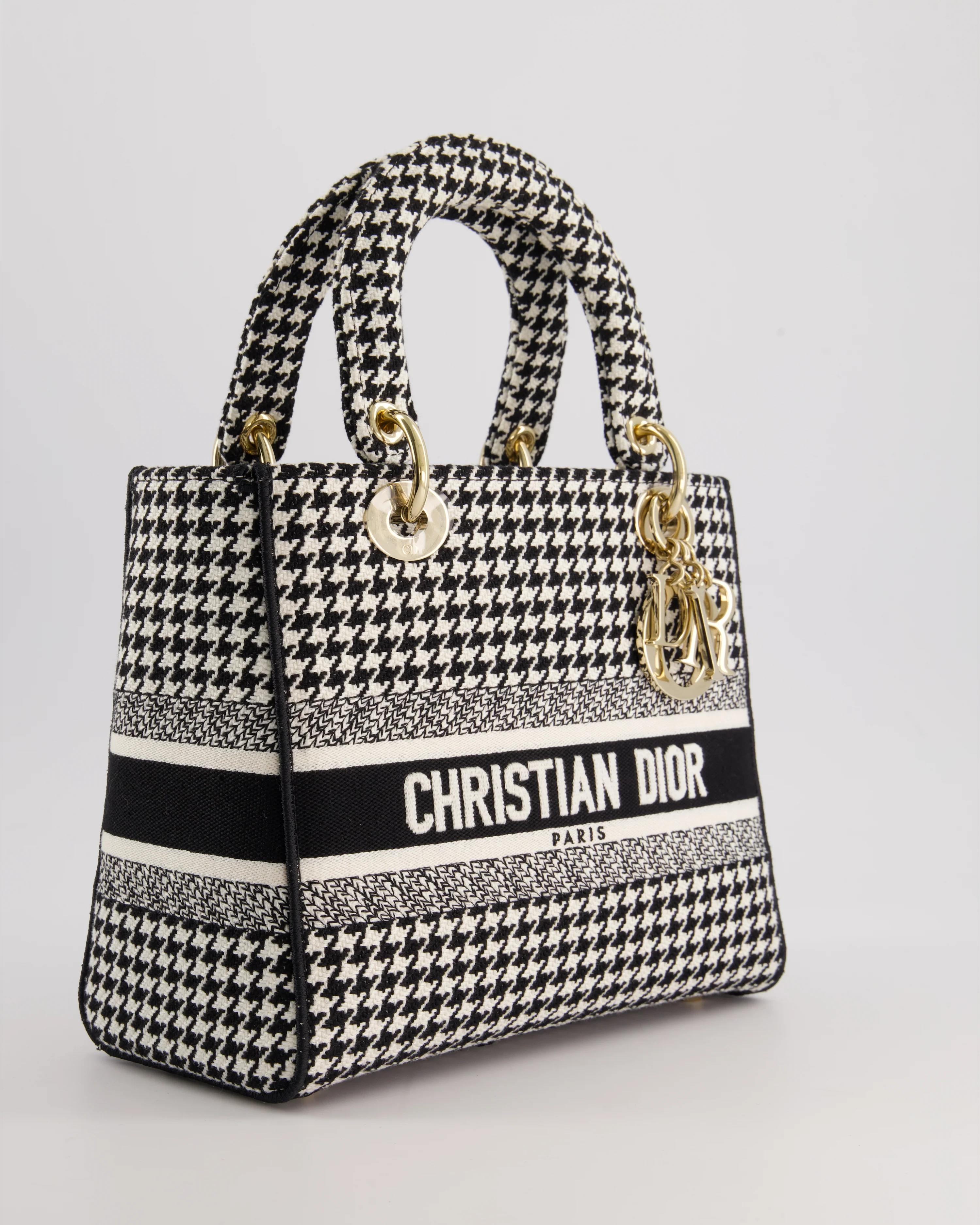 *RARE* Christian Dior Black & White Houndstooth Medium Lady Dior Bag in Canvas with Champagne Gold Hardware - Image 3