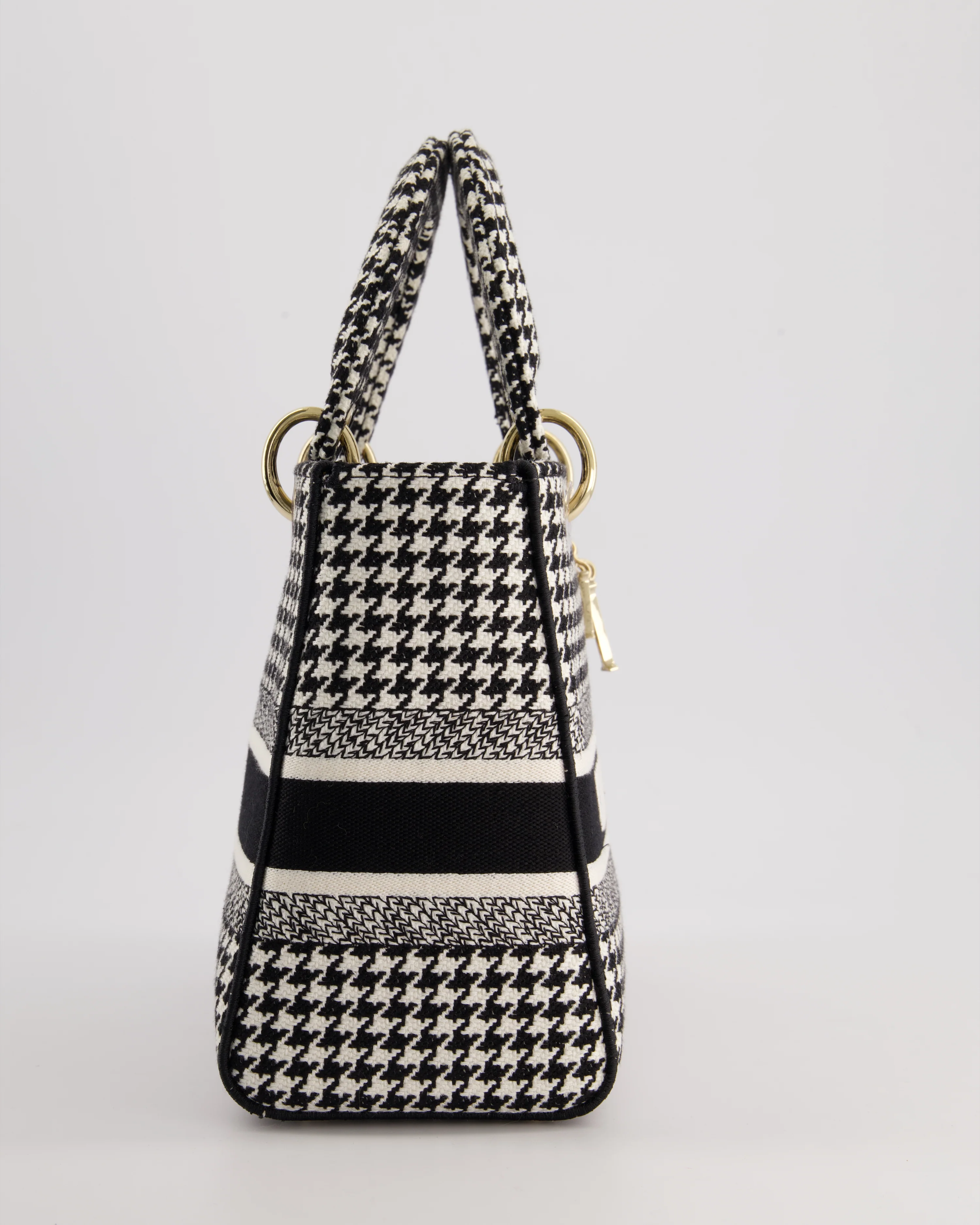 *RARE* Christian Dior Black & White Houndstooth Medium Lady Dior Bag in Canvas with Champagne Gold Hardware - Image 4