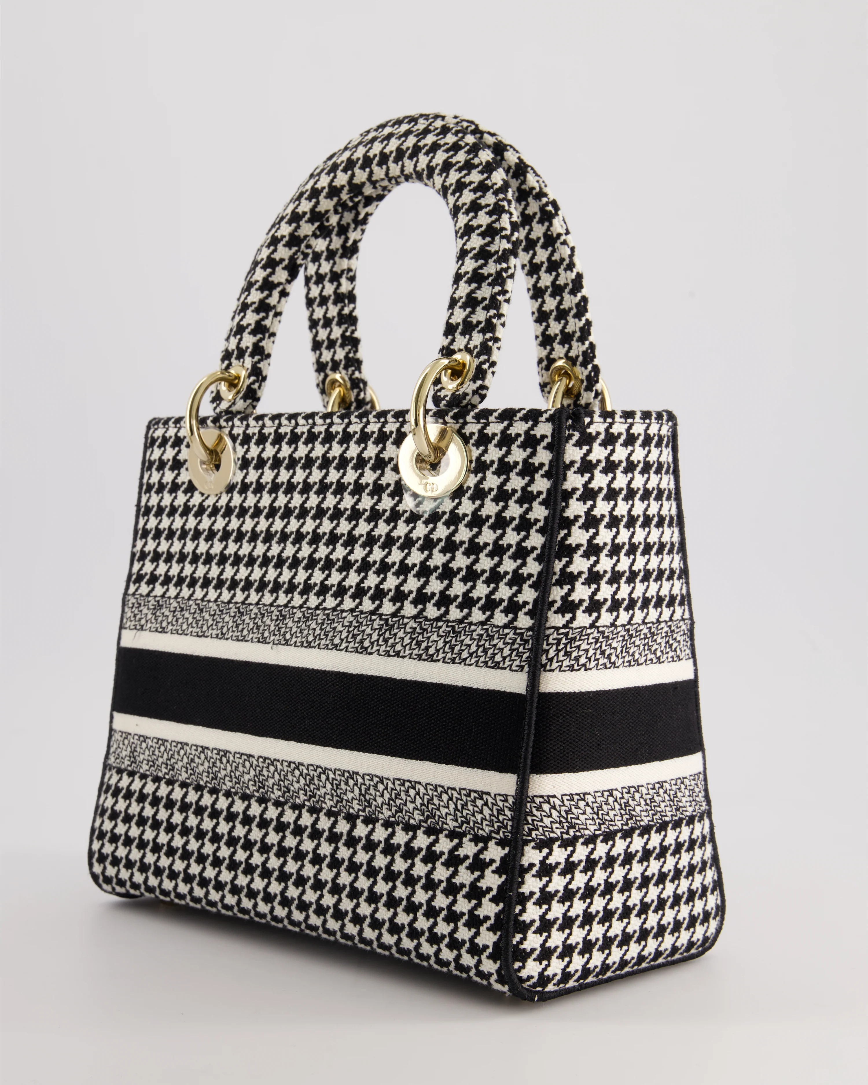 *RARE* Christian Dior Black & White Houndstooth Medium Lady Dior Bag in Canvas with Champagne Gold Hardware - Image 5