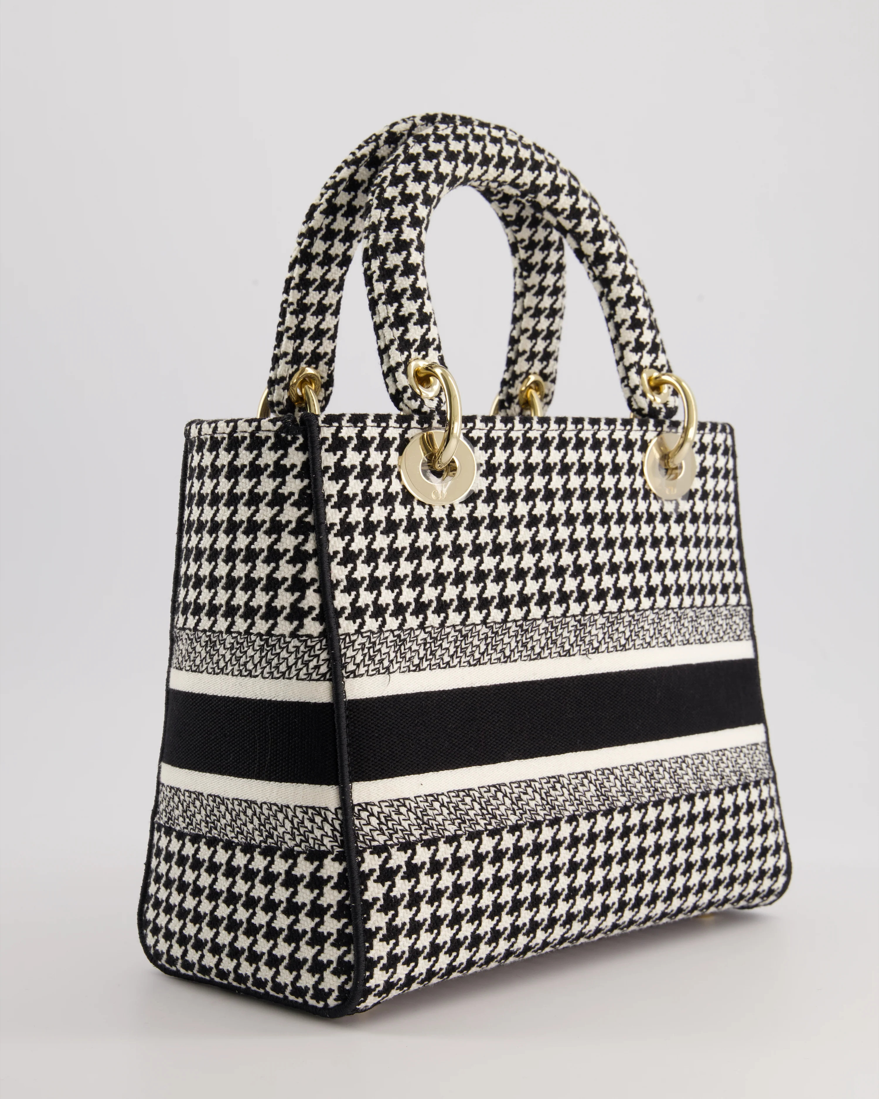 *RARE* Christian Dior Black & White Houndstooth Medium Lady Dior Bag in Canvas with Champagne Gold Hardware - Image 7