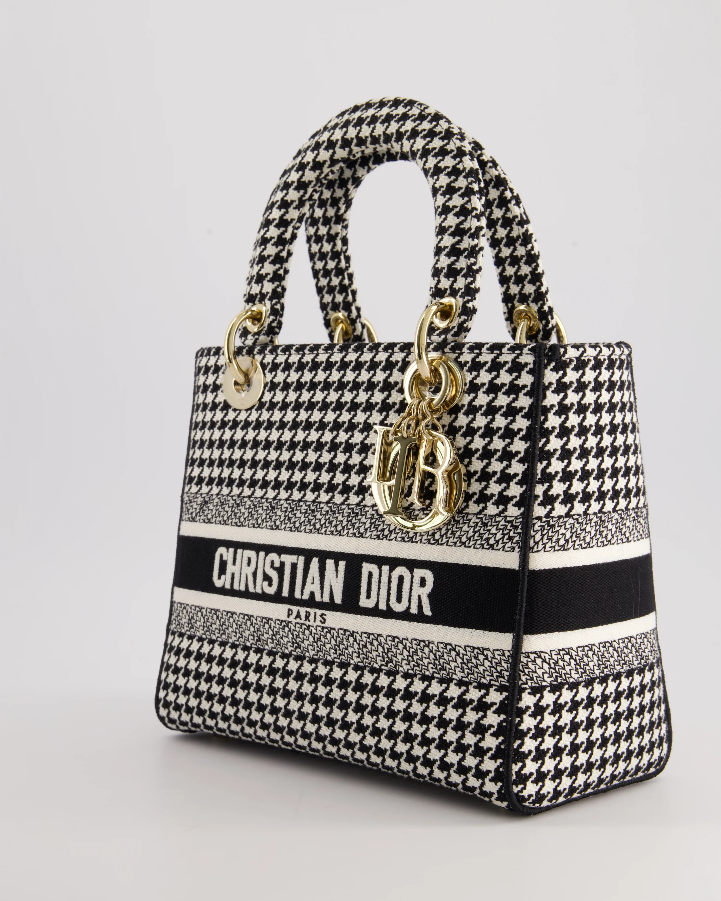 *RARE* Christian Dior Black & White Houndstooth Medium Lady Dior Bag in Canvas with Champagne Gold Hardware - Image 9