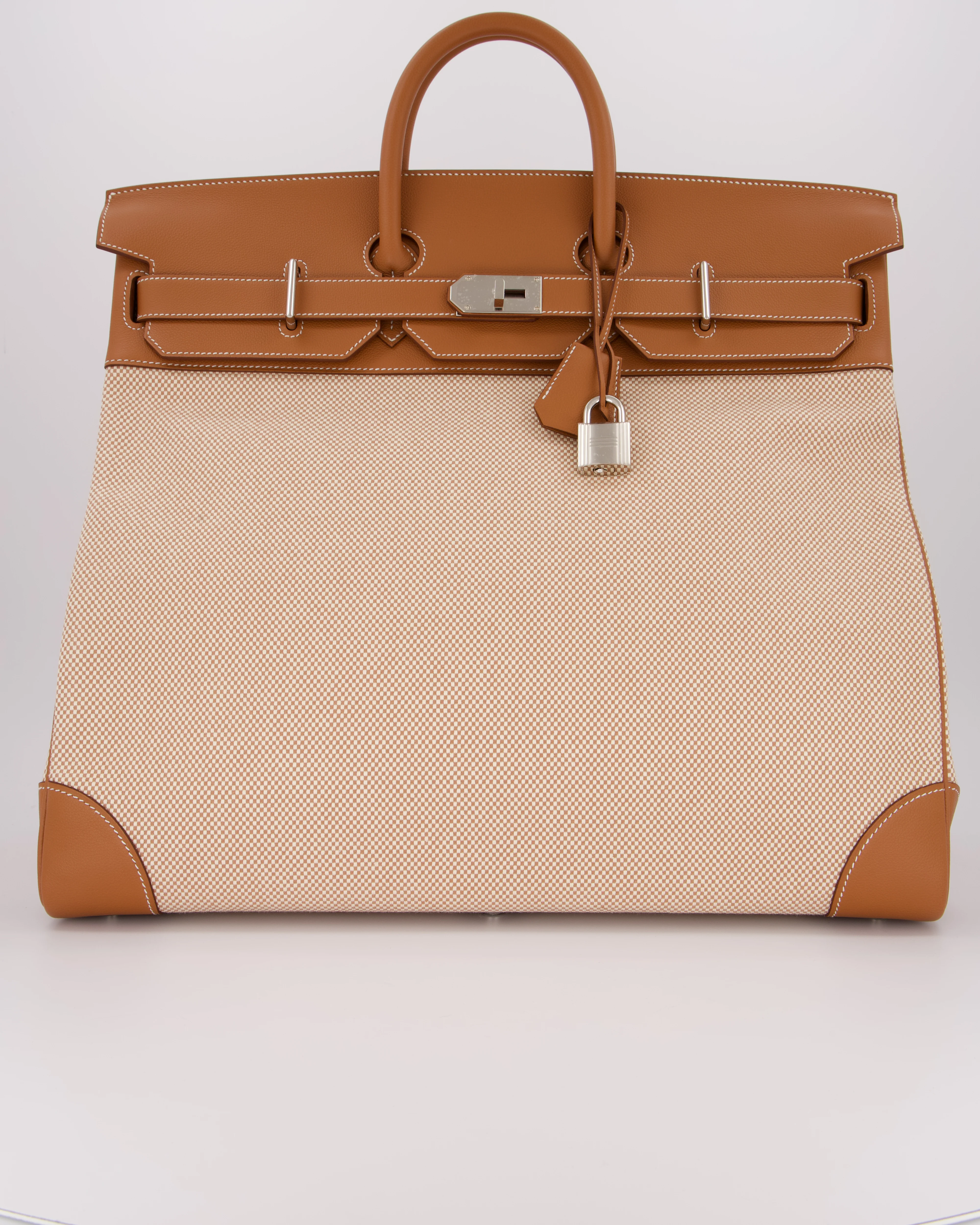 *RARE* Hermès Haut à Courroies HAC 50 Bag in Gold Evercolour Leather & Écru/Beige Toile Cross Canvas with Palladium Hardware