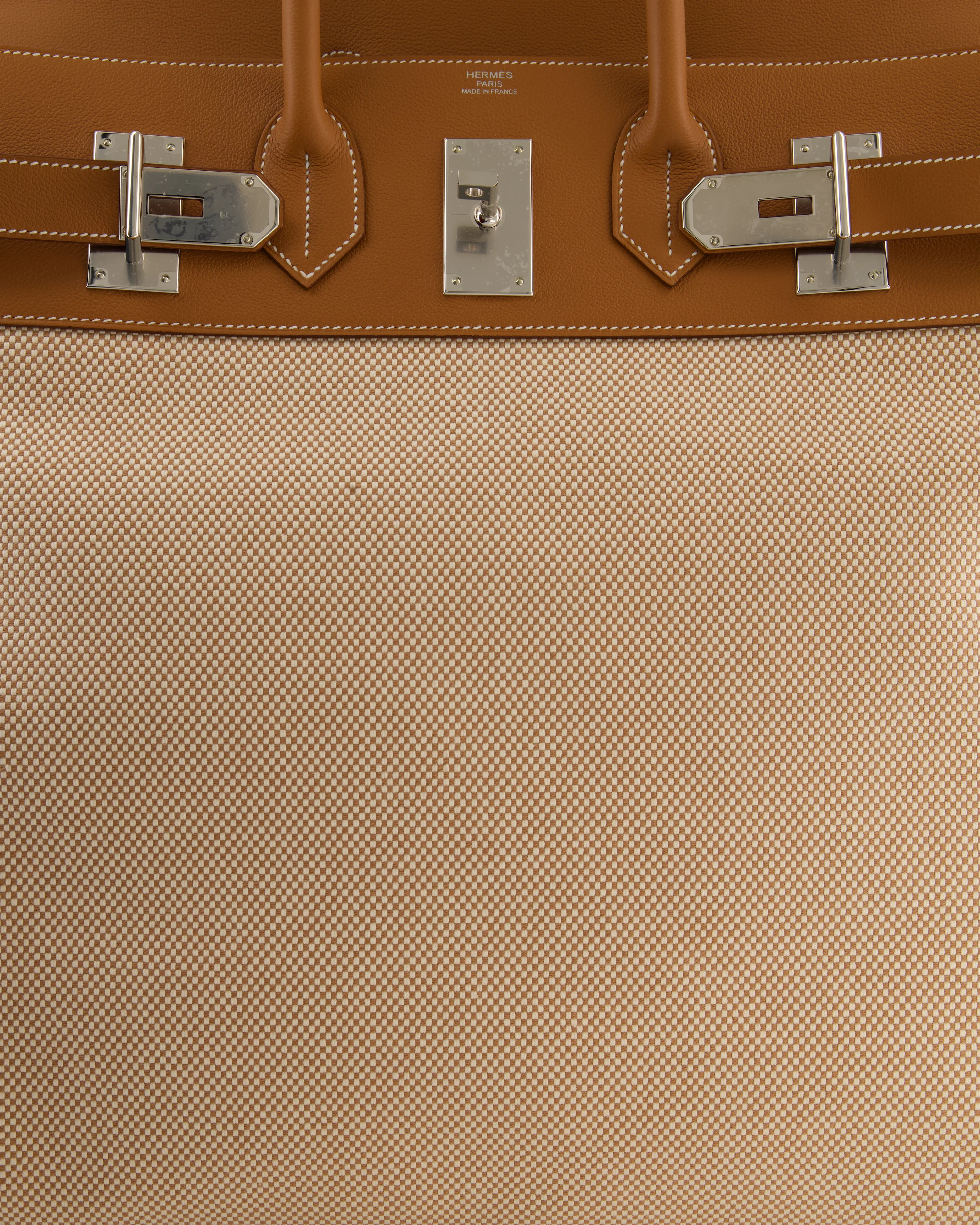 *RARE* Hermès Haut à Courroies HAC 50 Bag in Gold Evercolour Leather & Écru/Beige Toile Cross Canvas with Palladium Hardware - Image 14