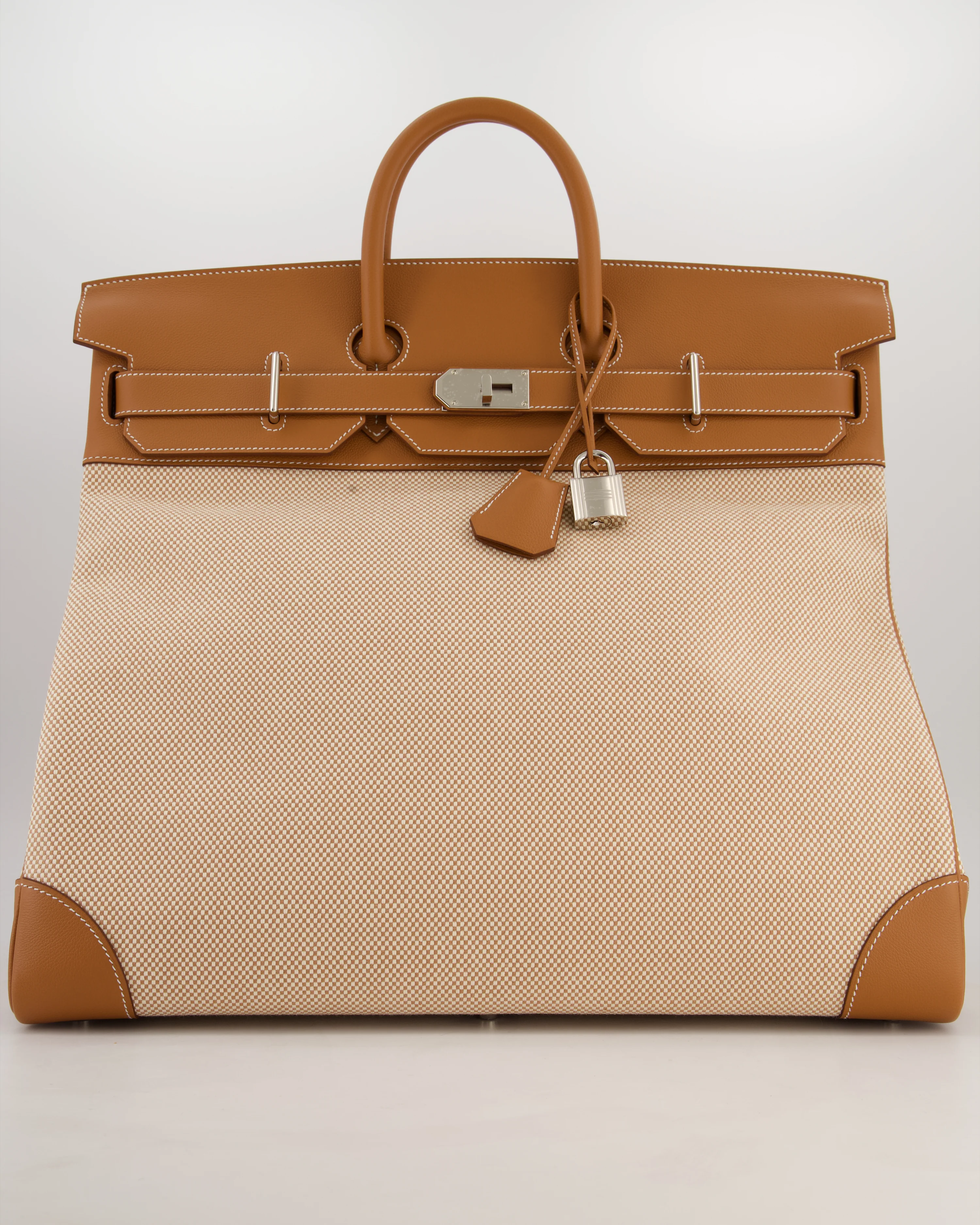 *RARE* Hermès Haut à Courroies HAC 50 Bag in Gold Evercolour Leather & Écru/Beige Toile Cross Canvas with Palladium Hardware - Image 21