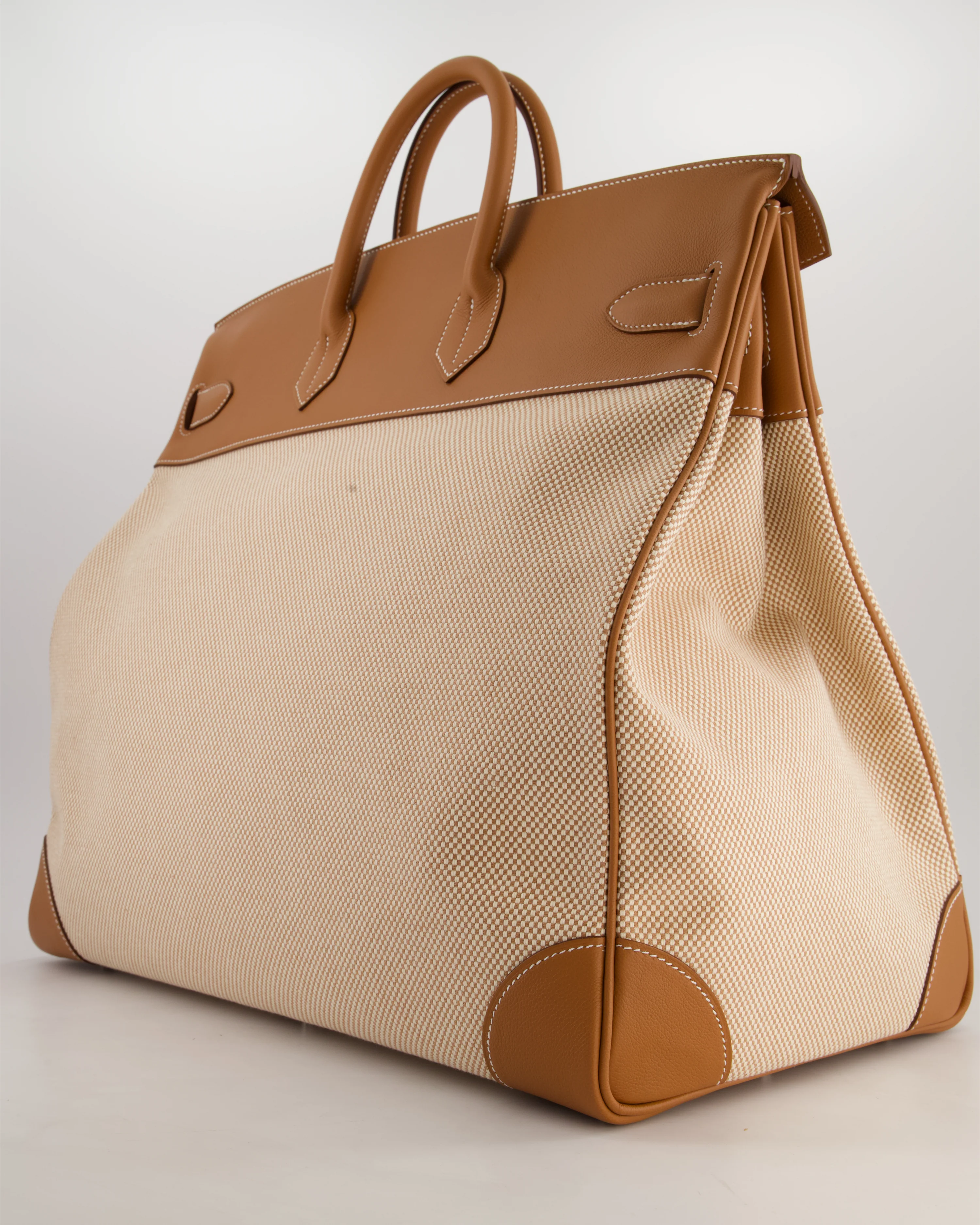 *RARE* Hermès Haut à Courroies HAC 50 Bag in Gold Evercolour Leather & Écru/Beige Toile Cross Canvas with Palladium Hardware - Image 5