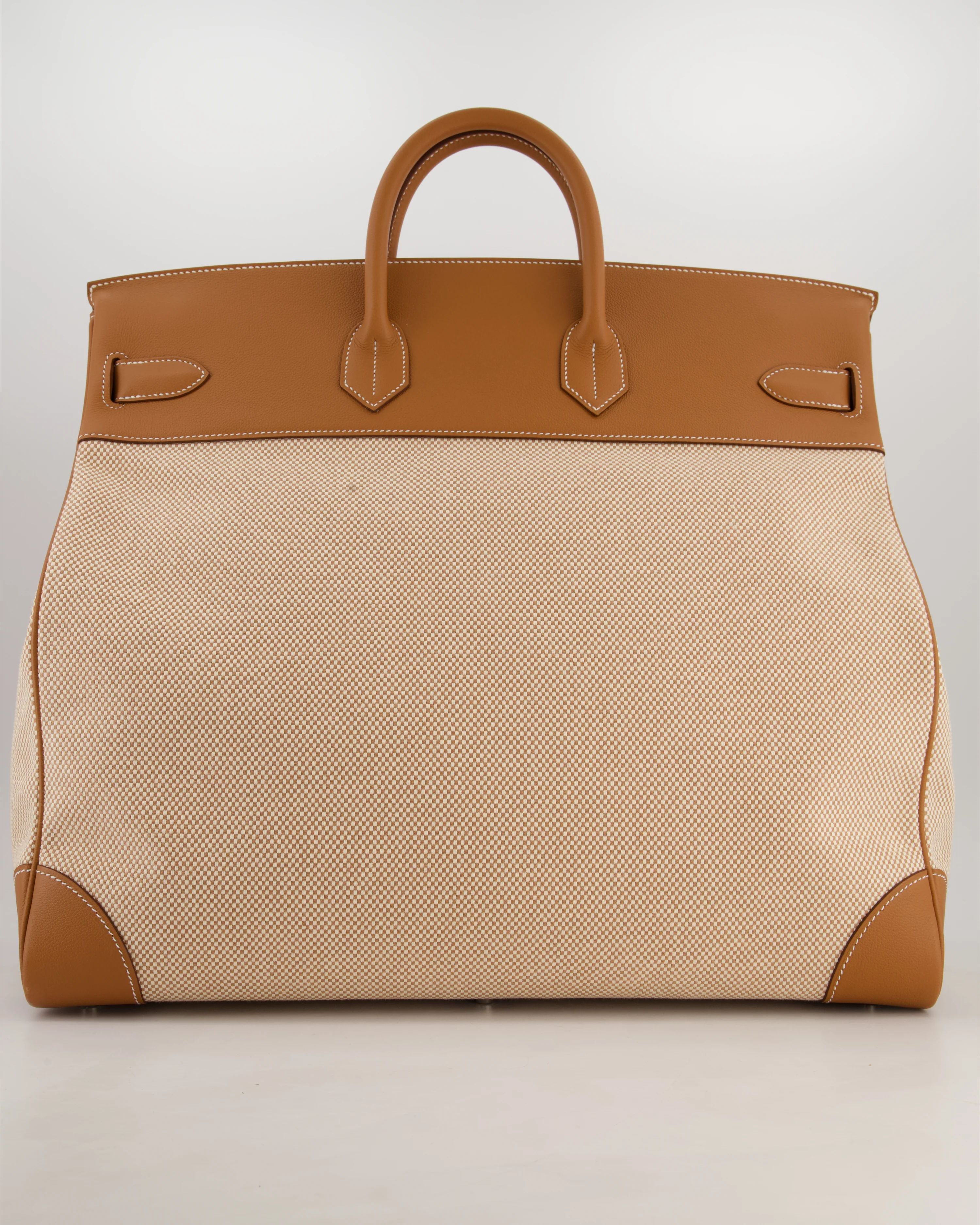 *RARE* Hermès Haut à Courroies HAC 50 Bag in Gold Evercolour Leather & Écru/Beige Toile Cross Canvas with Palladium Hardware - Image 6