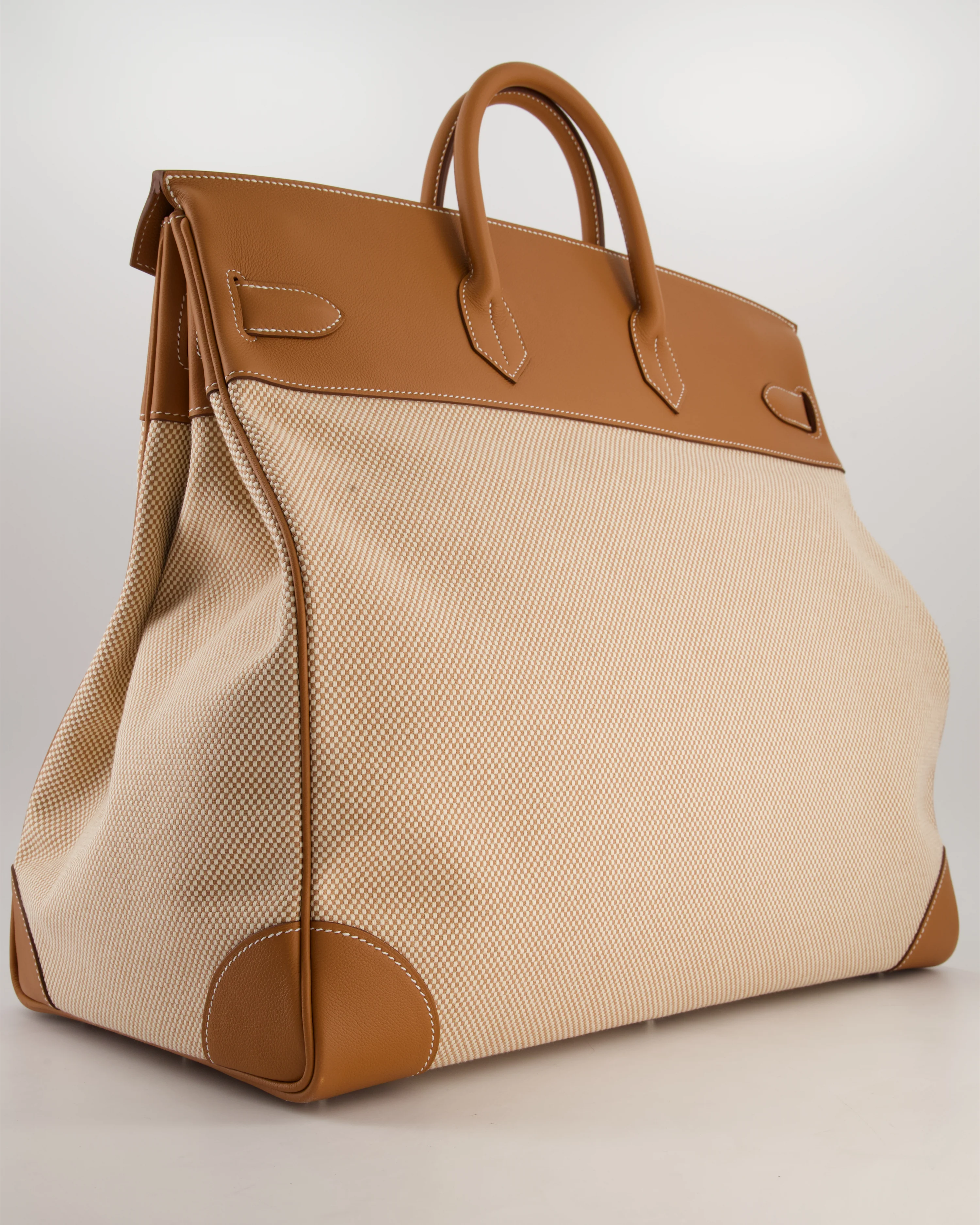 *RARE* Hermès Haut à Courroies HAC 50 Bag in Gold Evercolour Leather & Écru/Beige Toile Cross Canvas with Palladium Hardware - Image 7